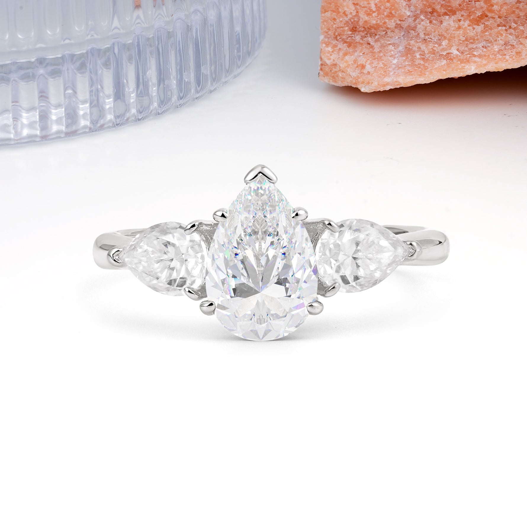 Classic, Luxurious 5-Prong Pear Cut Moissanite Three-Stone Wedding Ring - Additional view