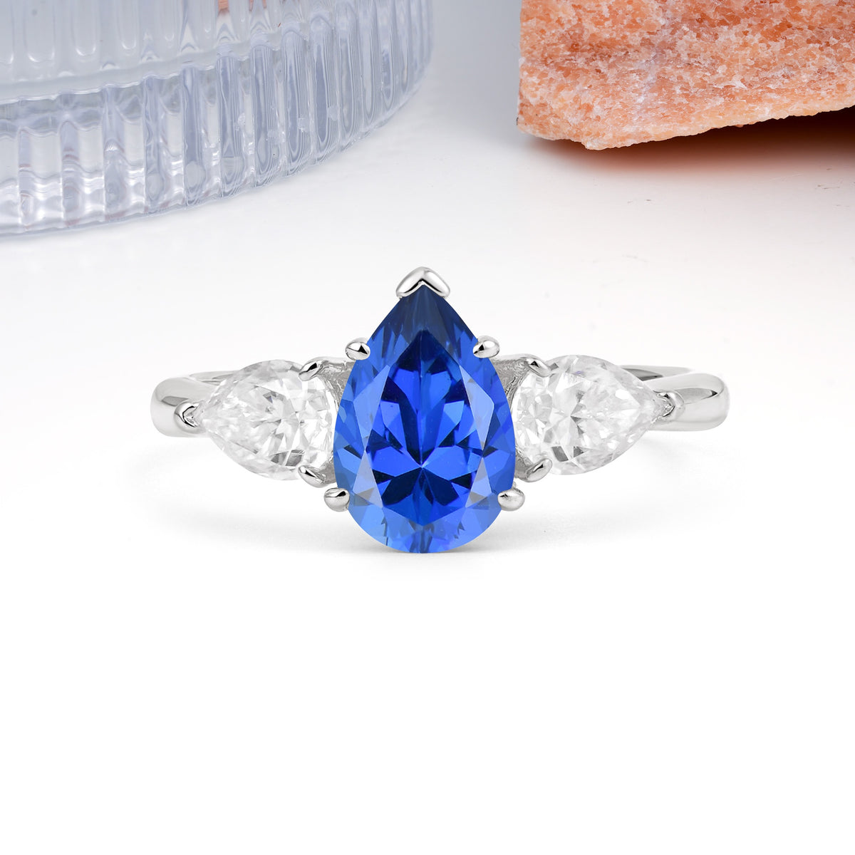 Classic, Luxurious 5-Prong Pear Cut Sapphire Three-Stone Wedding Ring - Additional view