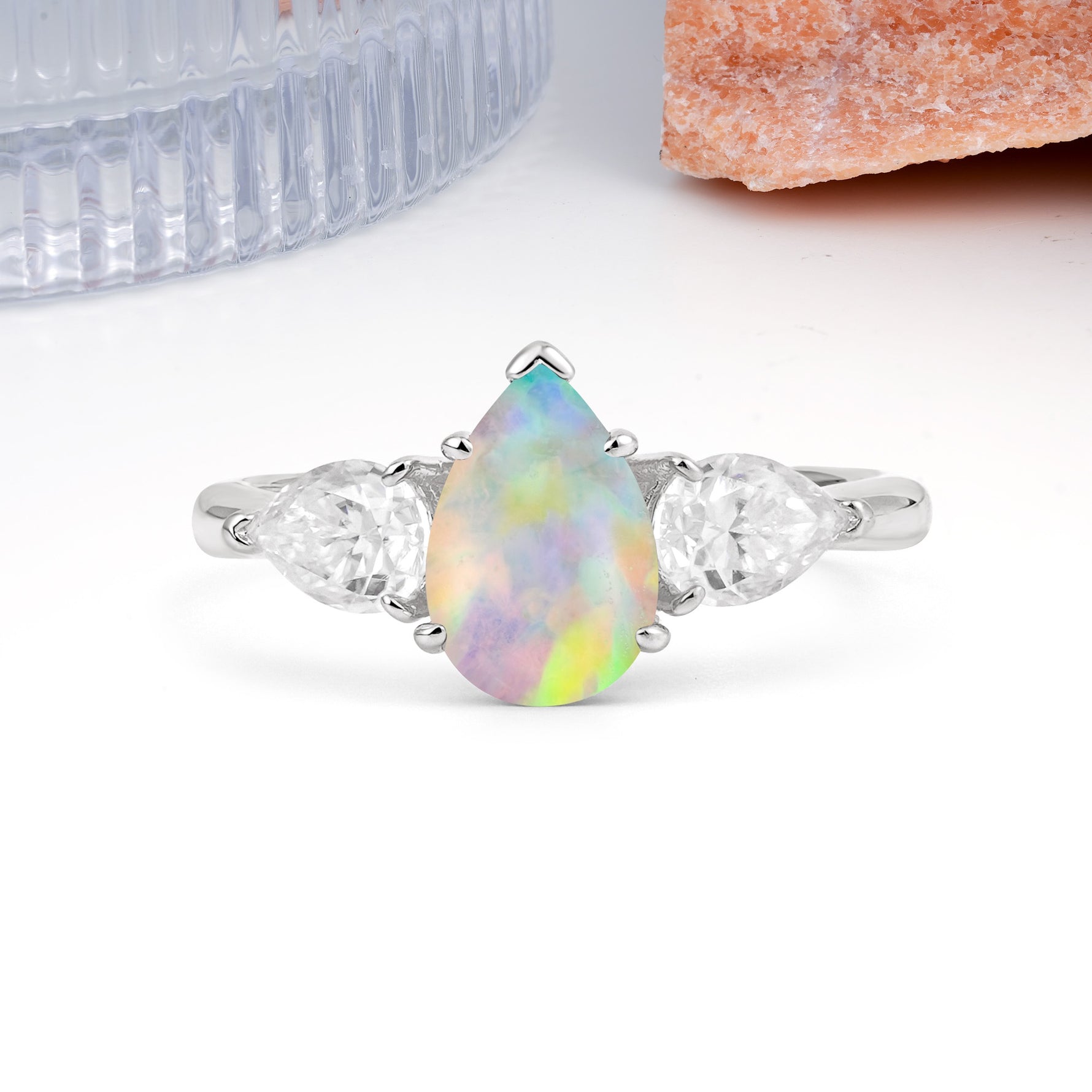 Classic, Luxurious 5-Prong Pear Cut Fire Opal Three-Stone Wedding Ring - Additional view