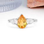 Classic, Luxurious 5-Prong Pear Cut Citrine Three-Stone Wedding Ring - Additional view