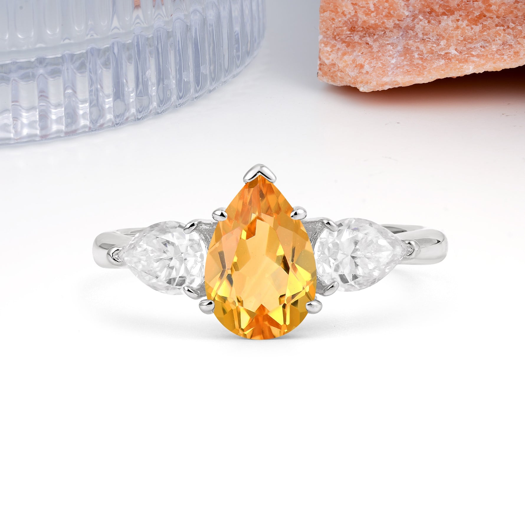Classic, Luxurious 5-Prong Pear Cut Citrine Three-Stone Wedding Ring - Additional view
