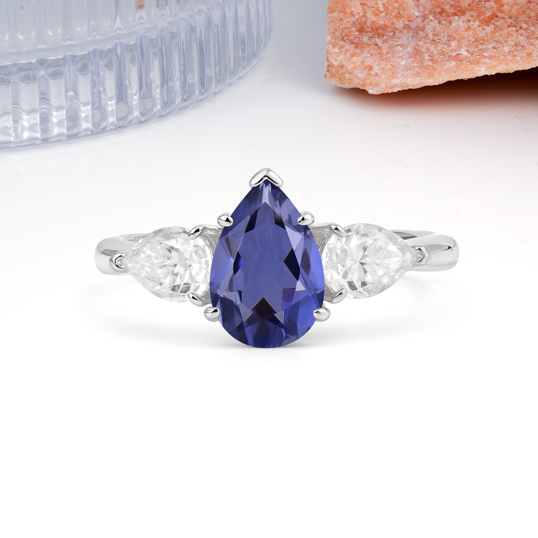 Classic, Luxurious 5-Prong Pear Cut Tanzanite Three-Stone Wedding Ring - Additional view