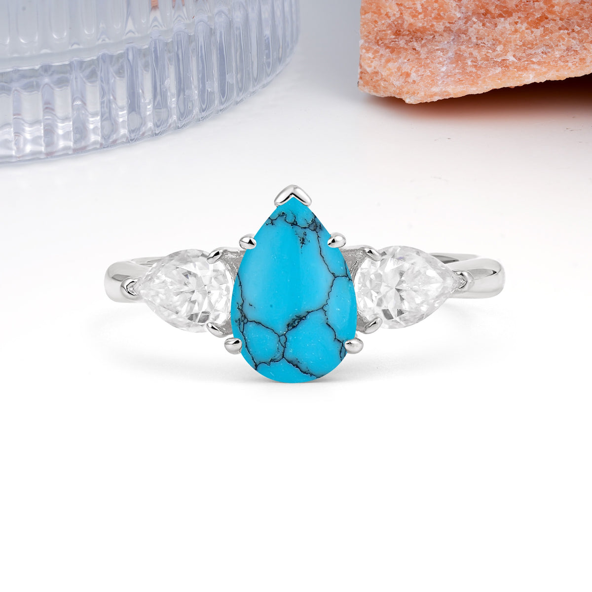 Classic, Luxurious 5-Prong Pear Cut Turquoise Three-Stone Wedding Ring - Additional view