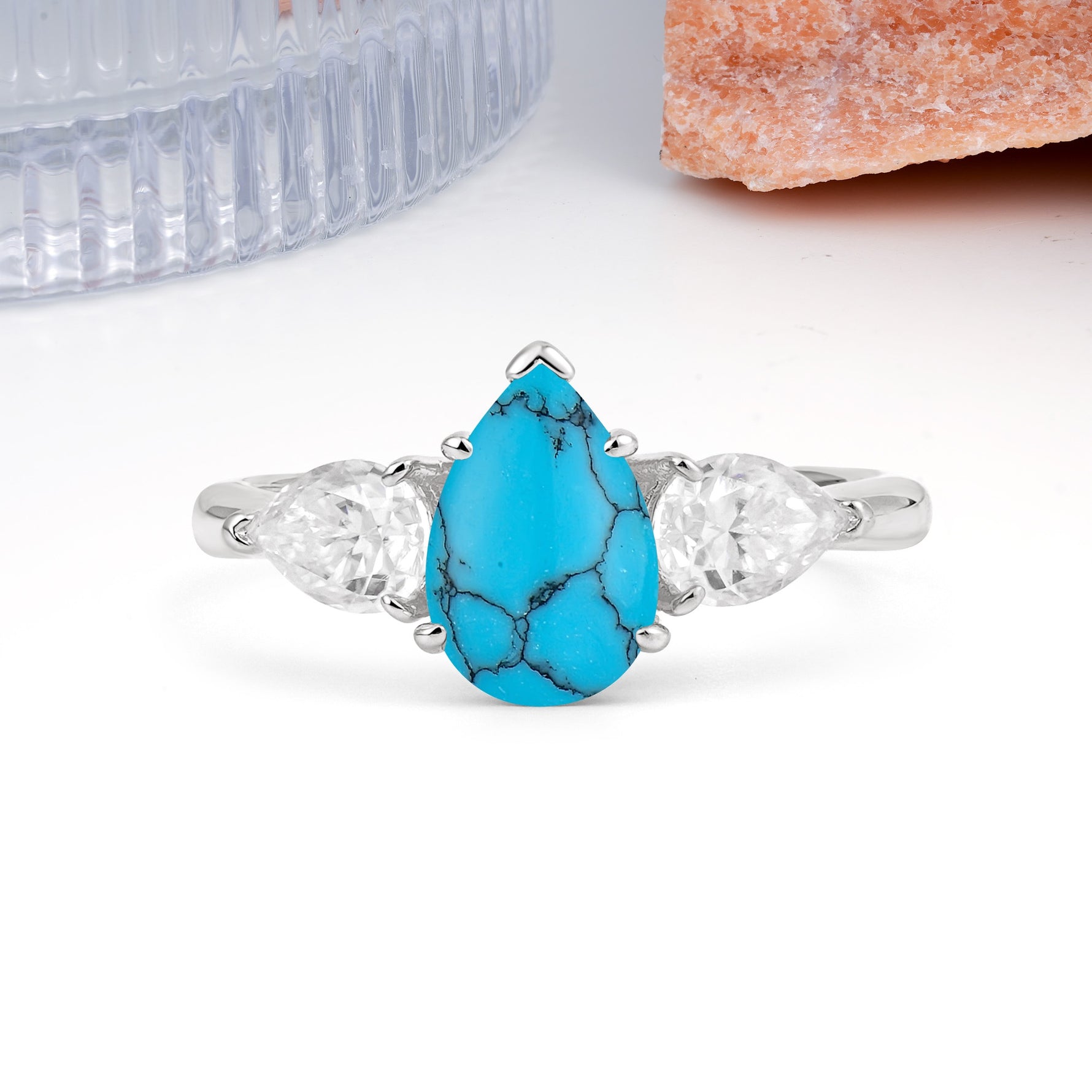 Classic, Luxurious 5-Prong Pear Cut Turquoise Three-Stone Wedding Ring - Additional view