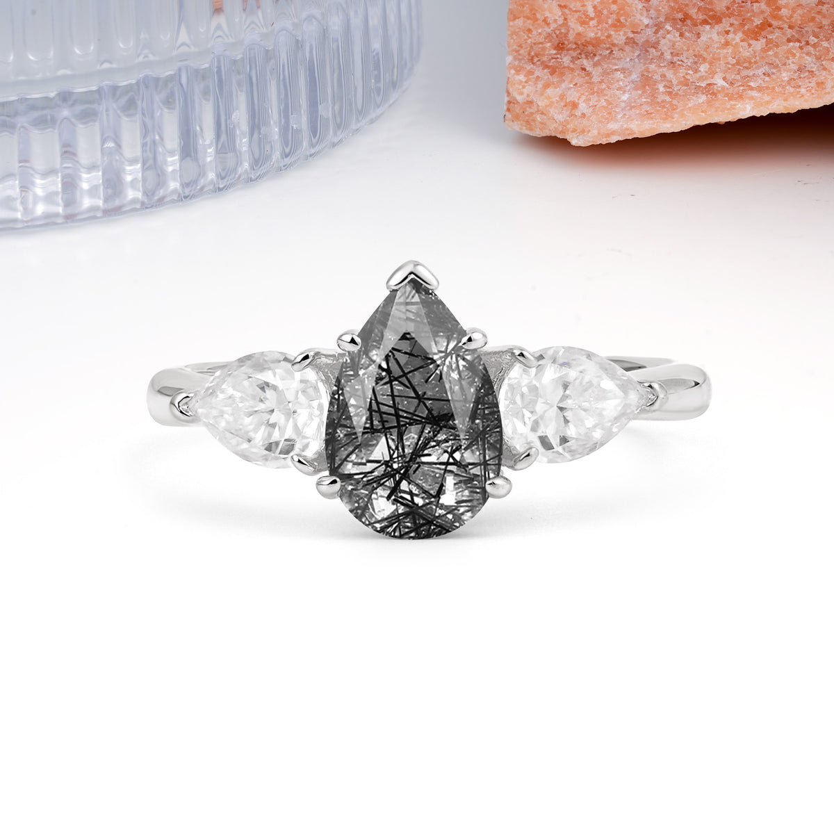 Classic, Luxurious 5-Prong Pear Cut Black Rutilated Quartz Three-Stone Wedding Ring - Additional view