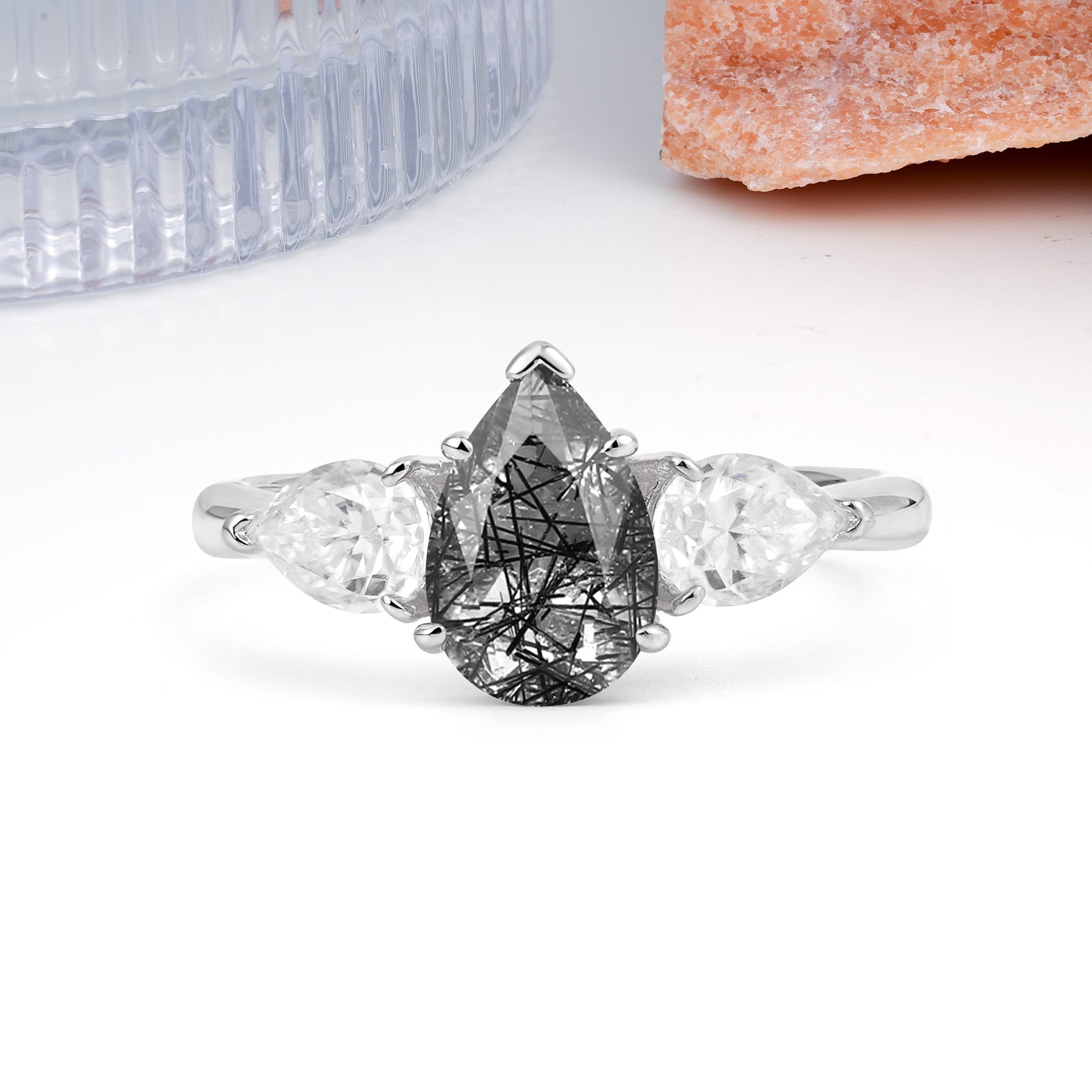 Classic, Luxurious 5-Prong Pear Cut Black Rutilated Quartz Three-Stone Wedding Ring - Additional view