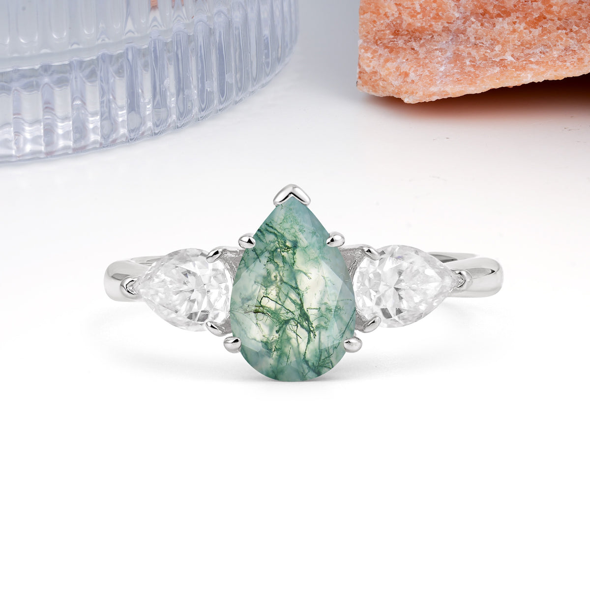 Classic, Luxurious 5-Prong Pear Cut Moss Agate Three-Stone Wedding Ring - Additional view