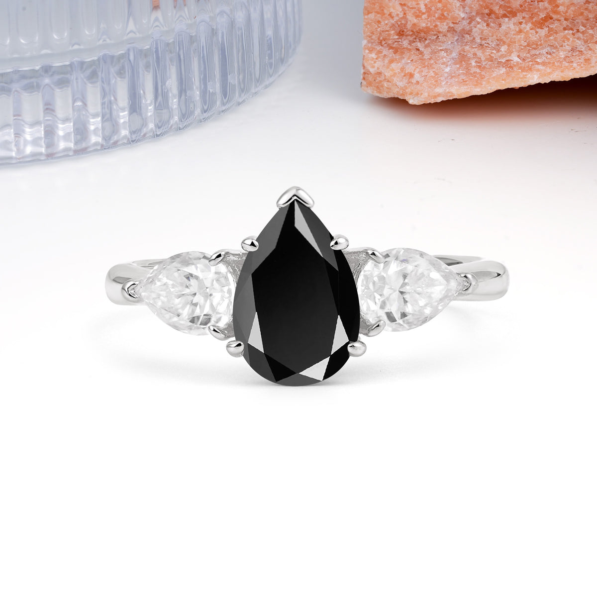 Classic, Luxurious 5-Prong Pear Cut Black Onyx Three-Stone Wedding Ring - Additional view