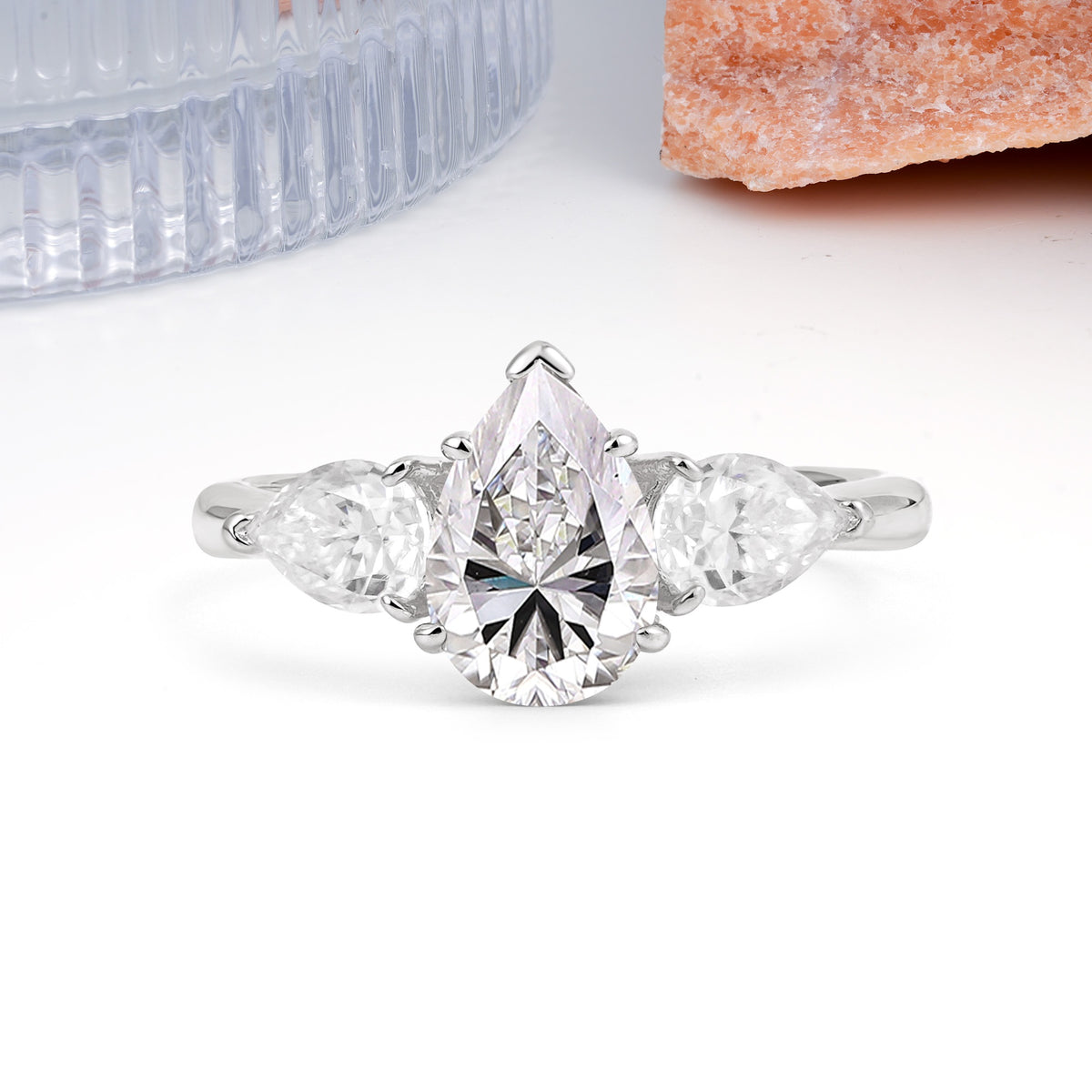 Classic, Luxurious 5-Prong Pear Cut Lab Diamond Three-Stone Wedding Ring - Additional view
