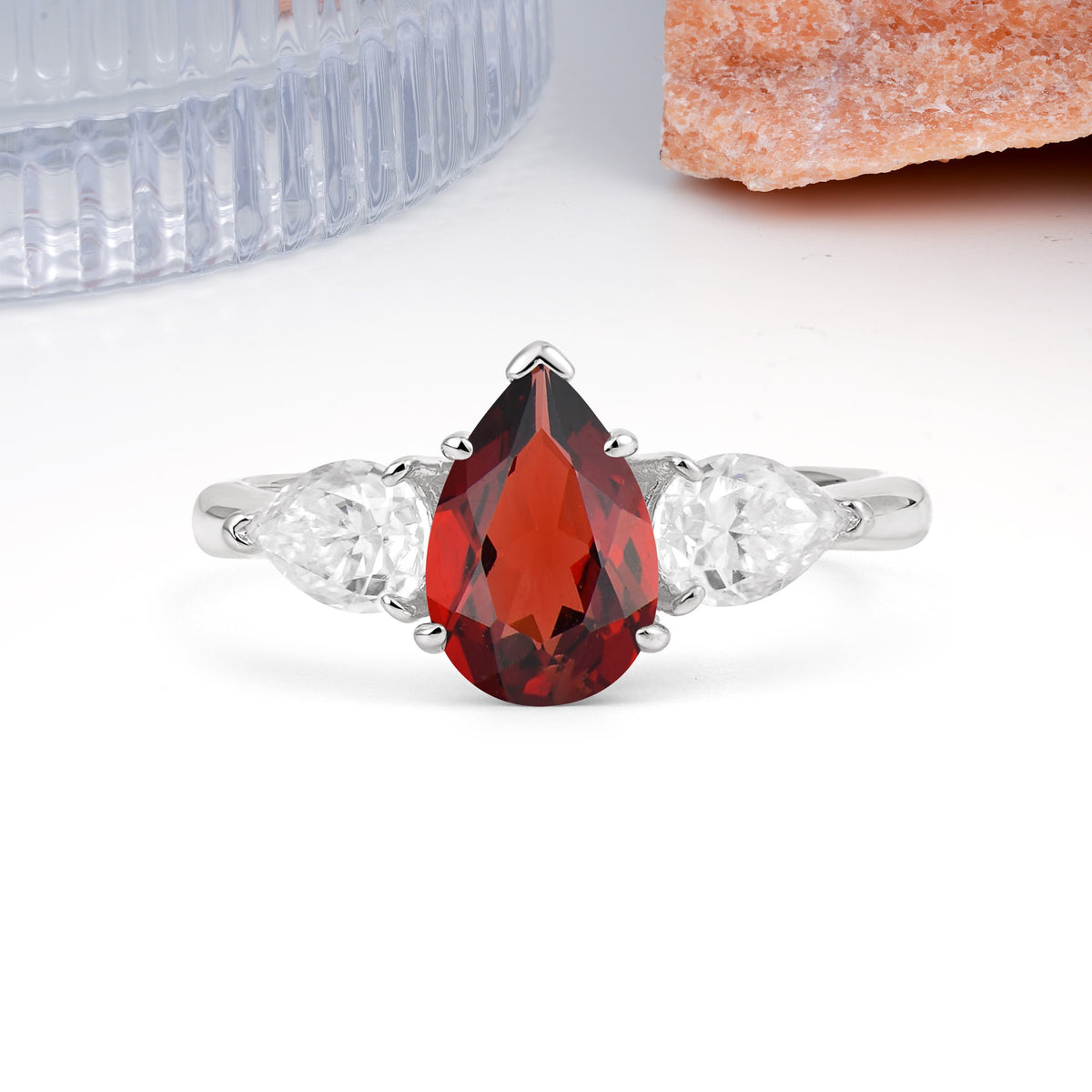 Classic, Luxurious 5-Prong Pear Cut Garnet Three-Stone Wedding Ring - Additional view