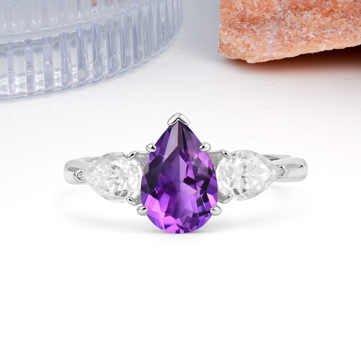 Classic, Luxurious 5-Prong Pear Cut Amethyst Three-Stone Wedding Ring - Additional view