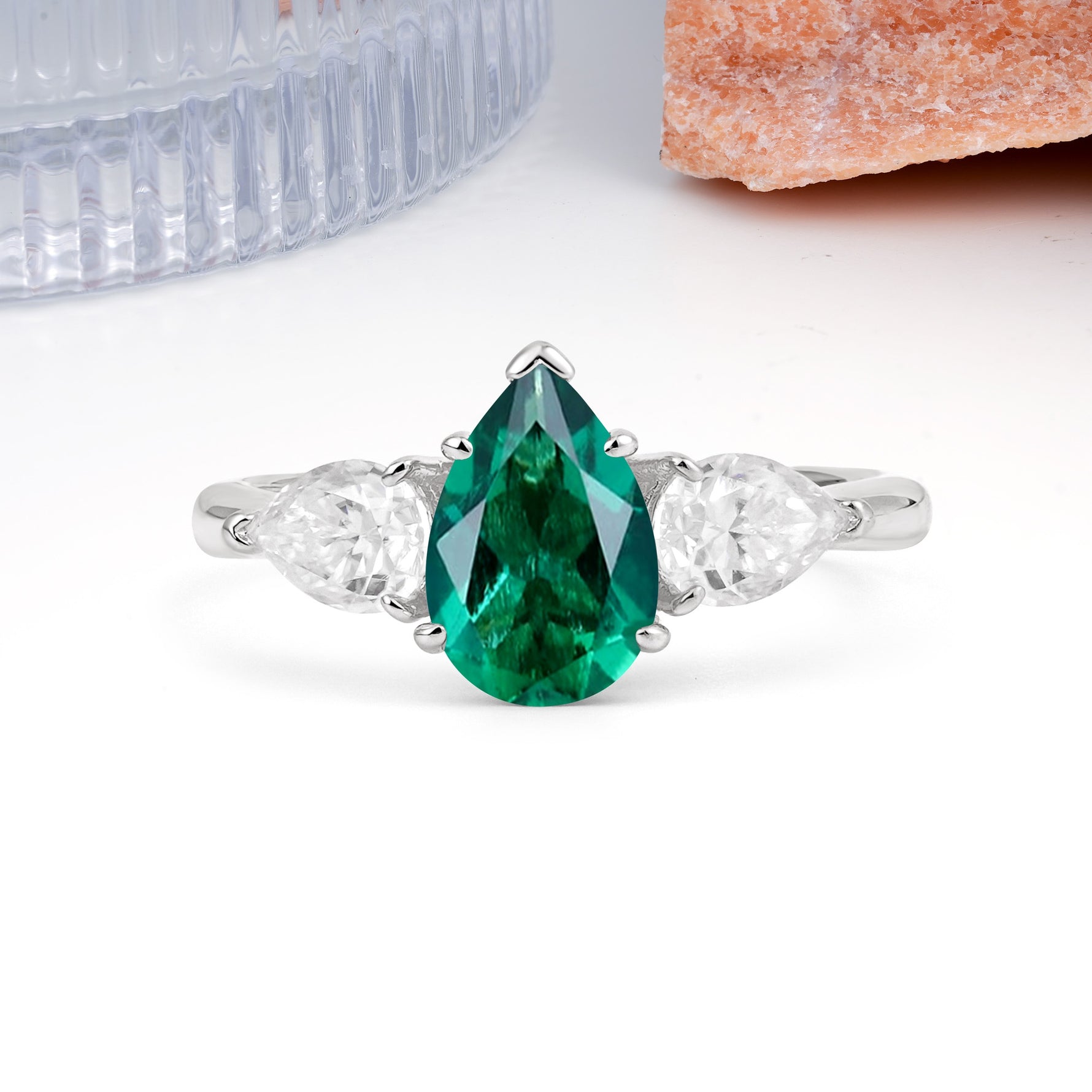 Classic, Luxurious 5-Prong Pear Cut Emerald Three-Stone Wedding Ring - Additional view