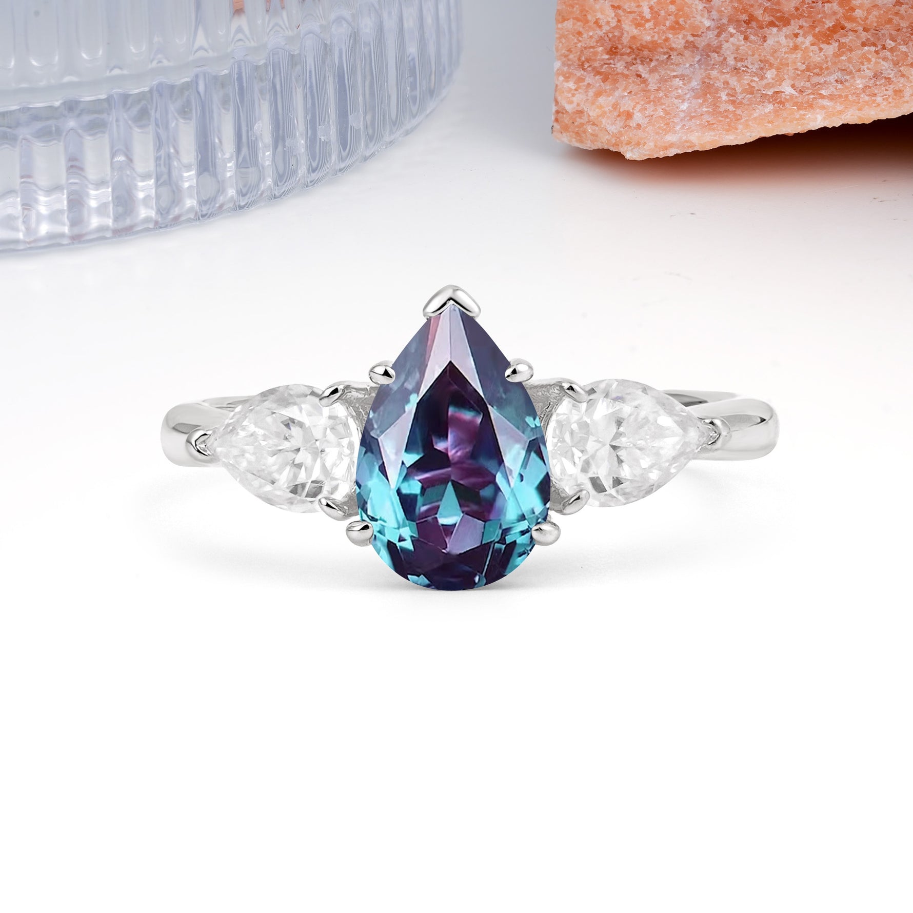 Classic, Luxurious 5-Prong Pear Cut Alexandrite Three-Stone Wedding Ring - Additional view