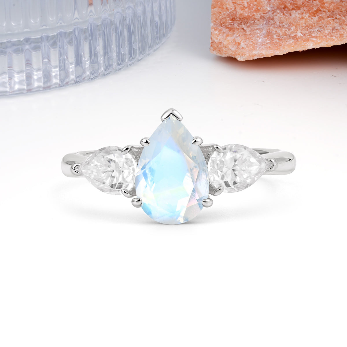 Classic, Luxurious 5-Prong Pear Cut Moonstone Three-Stone Wedding Ring - Additional view