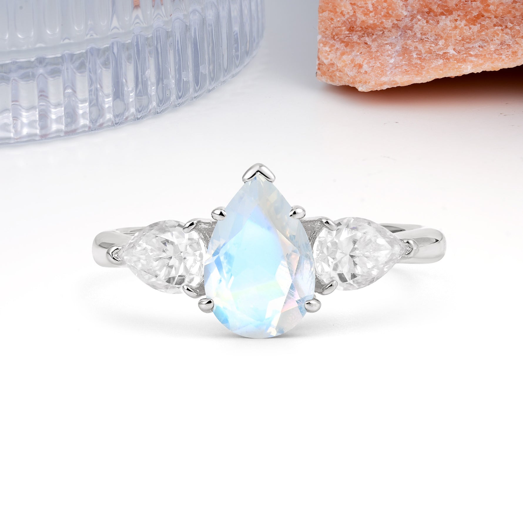 Classic, Luxurious 5-Prong Pear Cut Moonstone Three-Stone Wedding Ring - Additional view