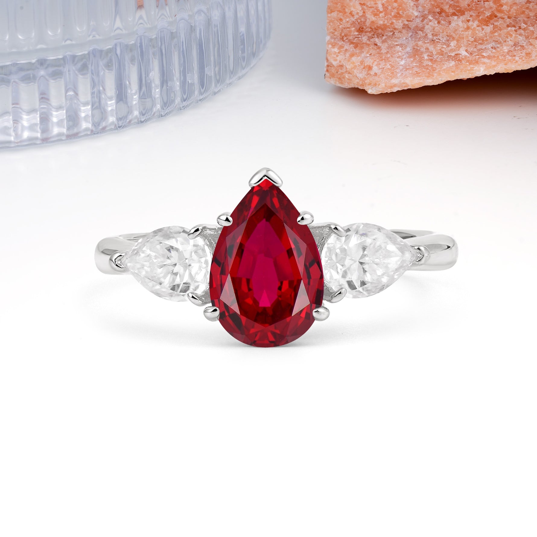 Classic, Luxurious 5-Prong Pear Cut Ruby Three-Stone Wedding Ring - Additional view