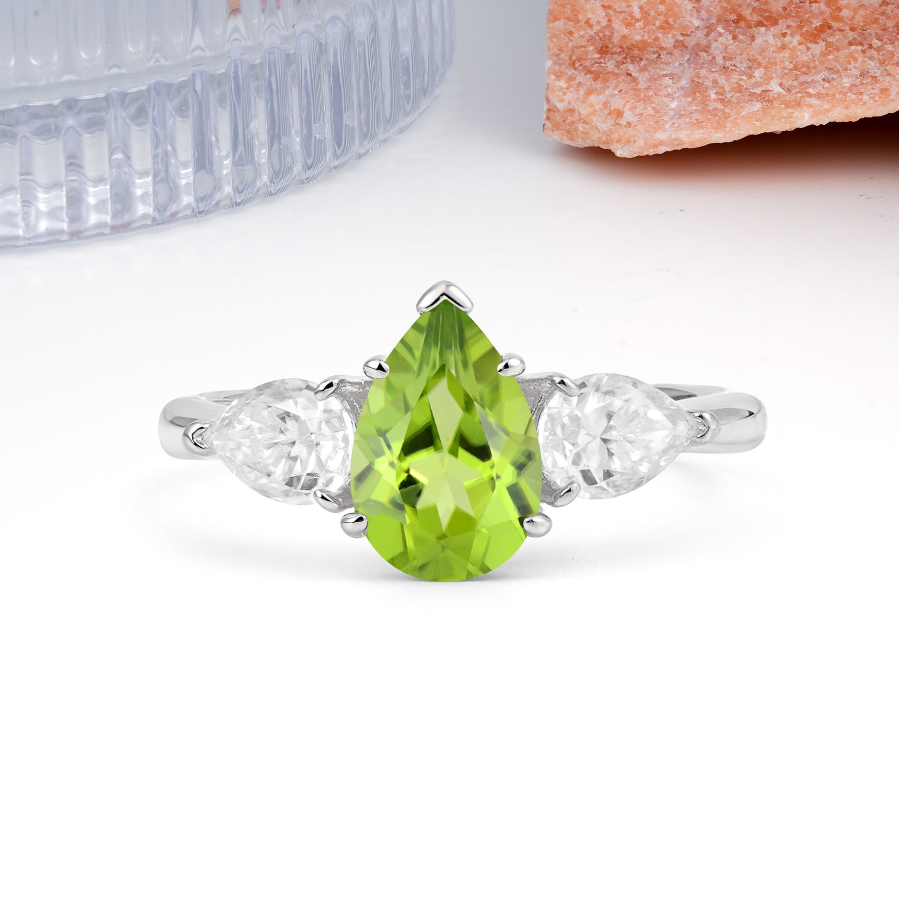Classic, Luxurious 5-Prong Pear Cut Peridot Three-Stone Wedding Ring - Additional view