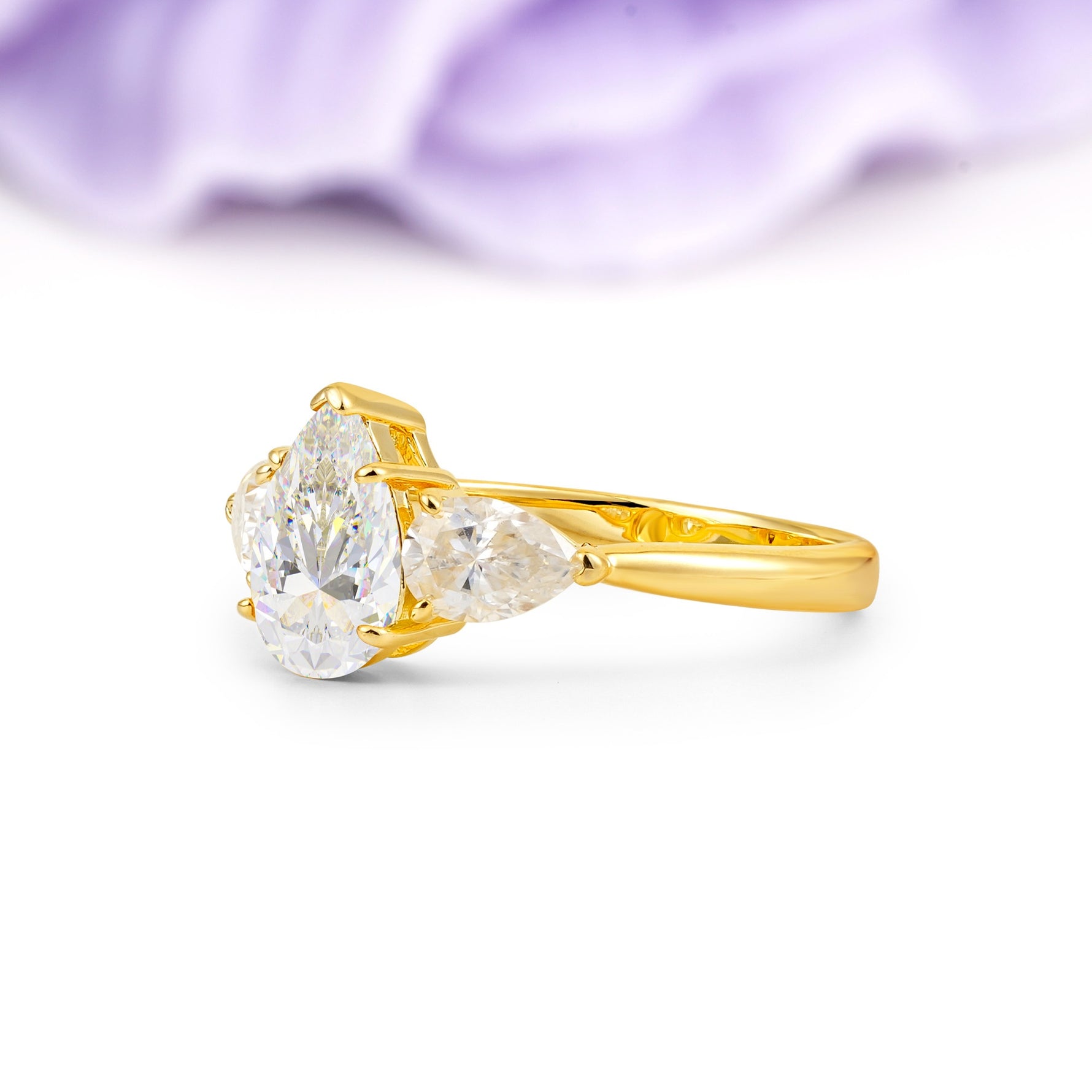 Classic, Luxurious 5-Prong Pear Cut Moissanite Three-Stone Wedding Ring - Additional view