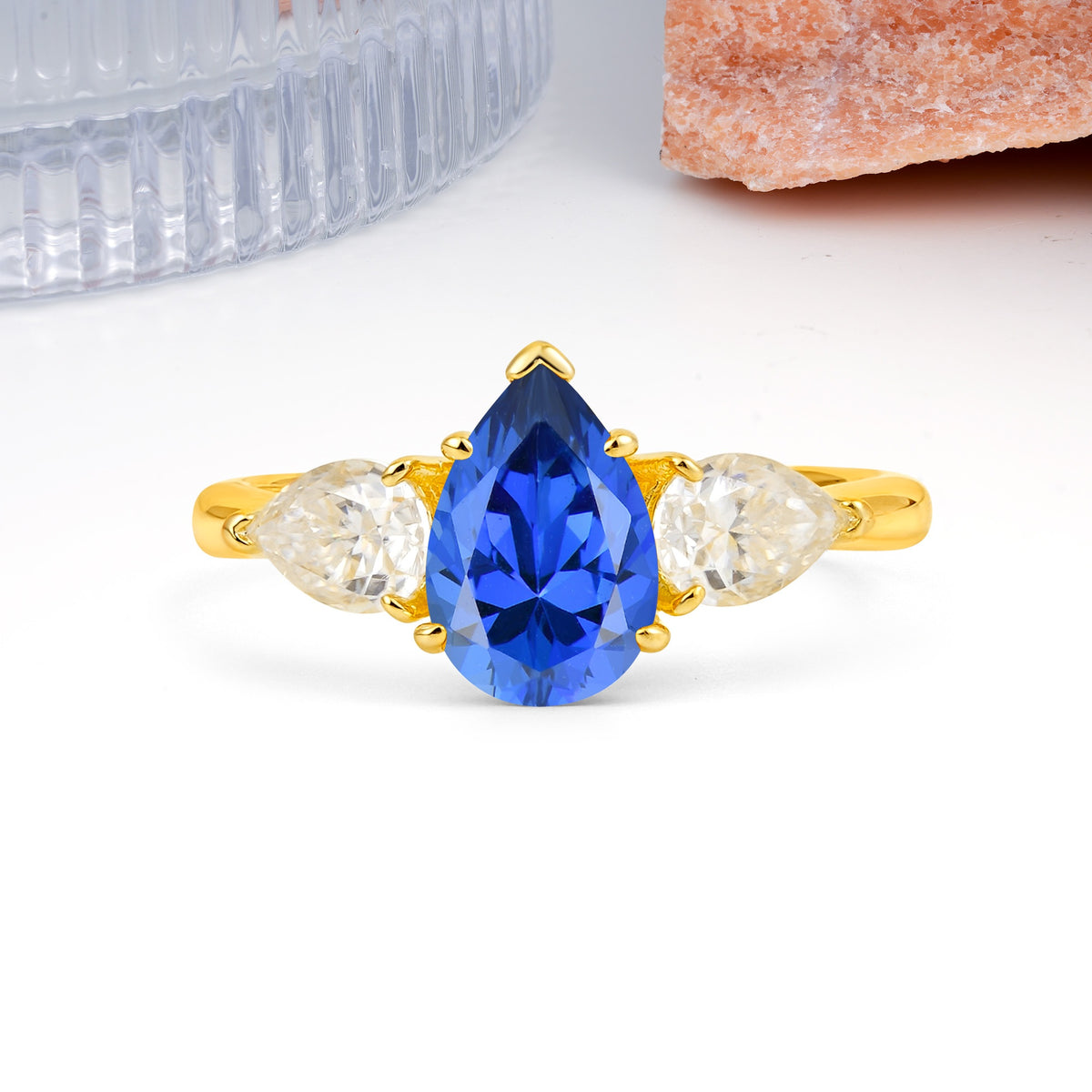 Classic, Luxurious 5-Prong Pear Cut Sapphire Three-Stone Wedding Ring - Additional view