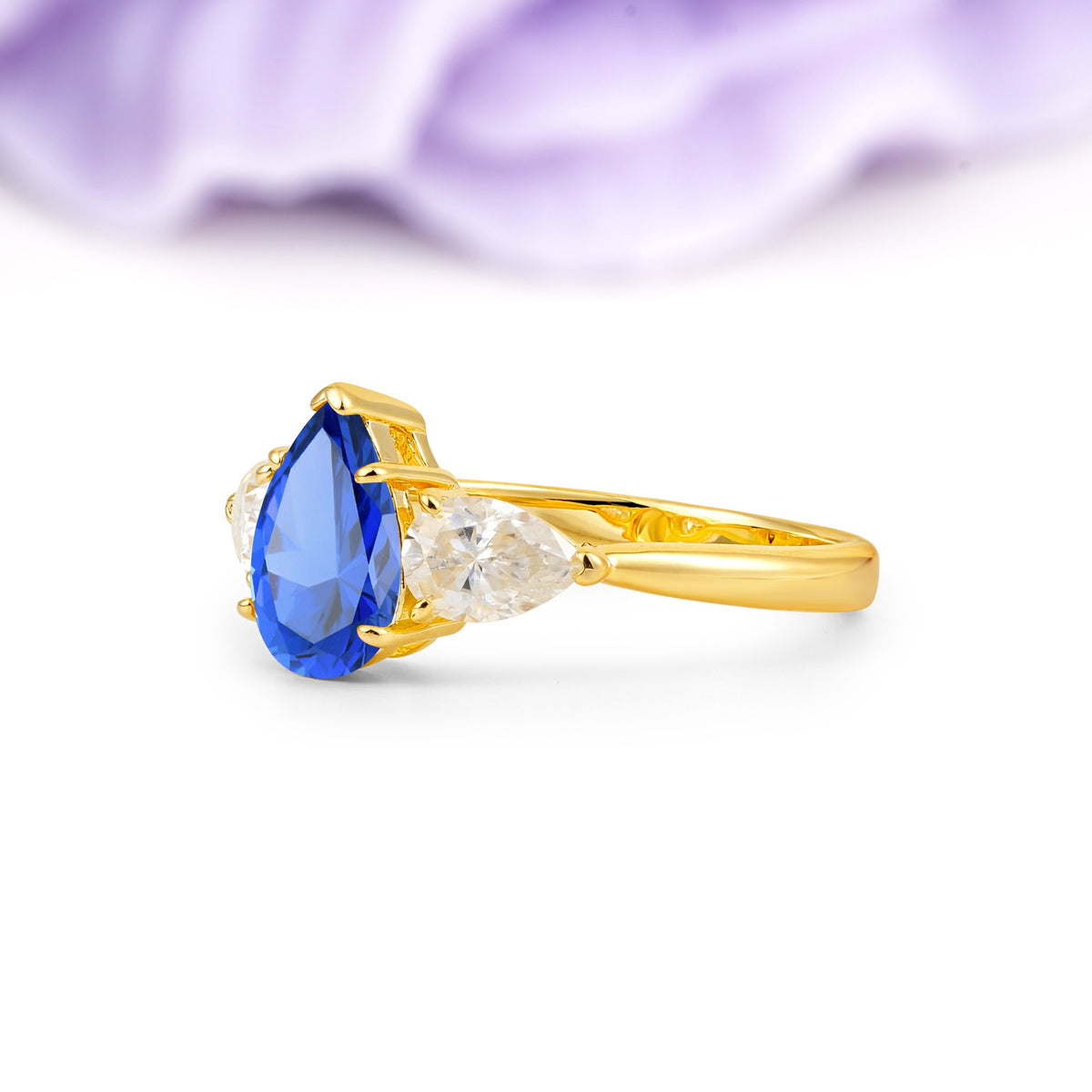 Classic, Luxurious 5-Prong Pear Cut Sapphire Three-Stone Wedding Ring - Additional view