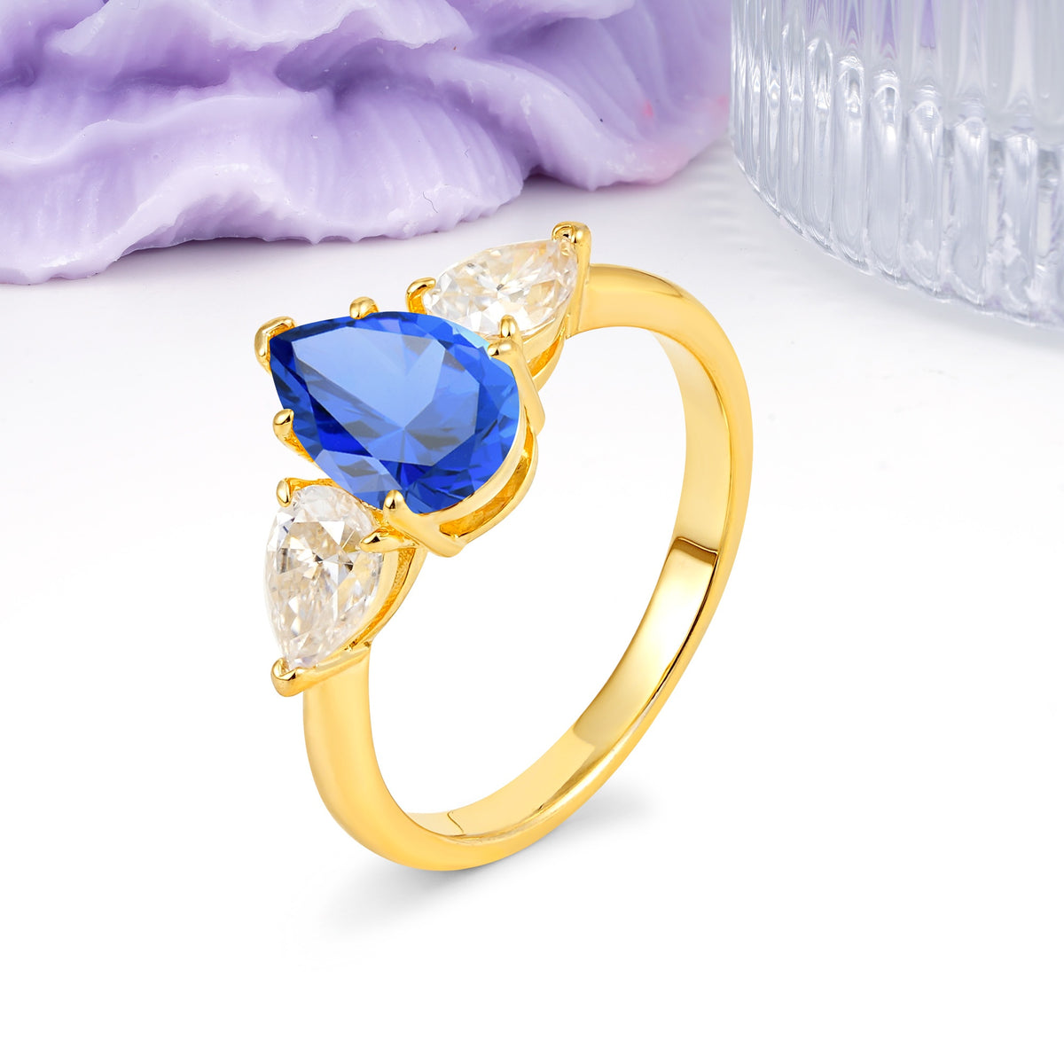 Classic, Luxurious 5-Prong Pear Cut Sapphire Three-Stone Wedding Ring - Additional view