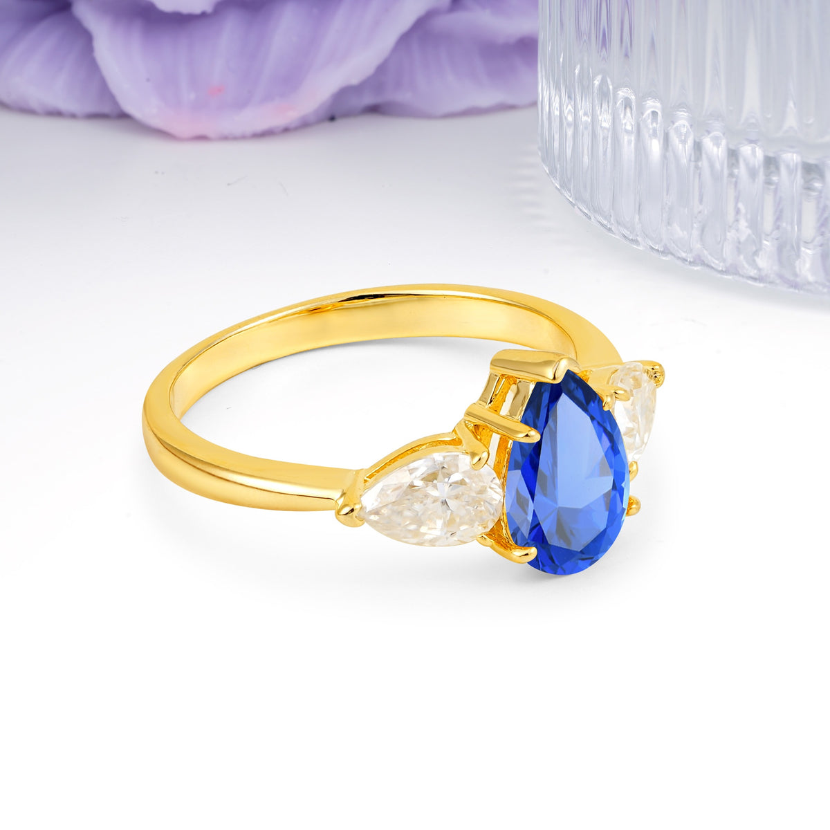 Classic, Luxurious 5-Prong Pear Cut Sapphire Three-Stone Wedding Ring - Additional view