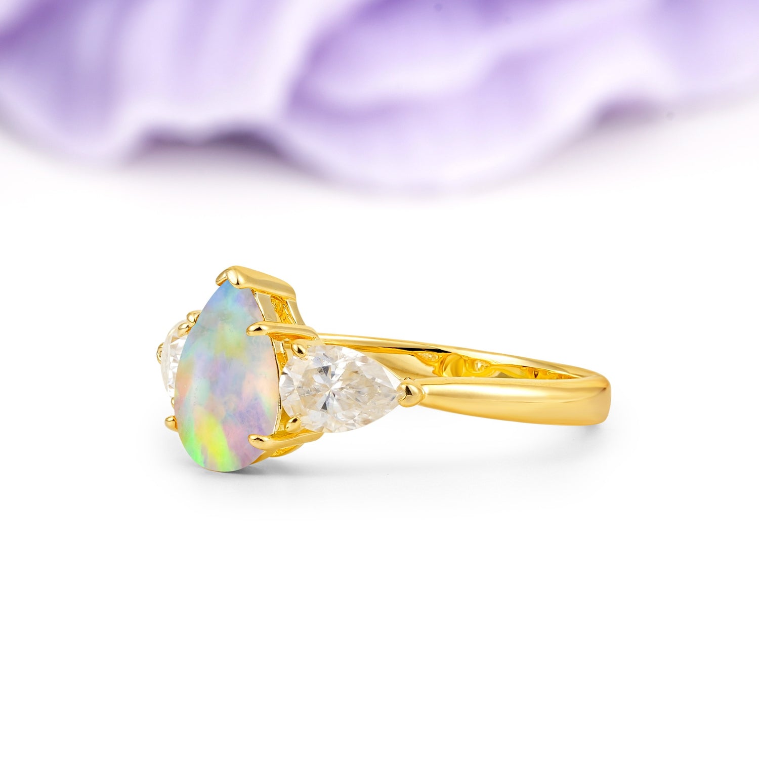Classic, Luxurious 5-Prong Pear Cut Fire Opal Three-Stone Wedding Ring - Additional view