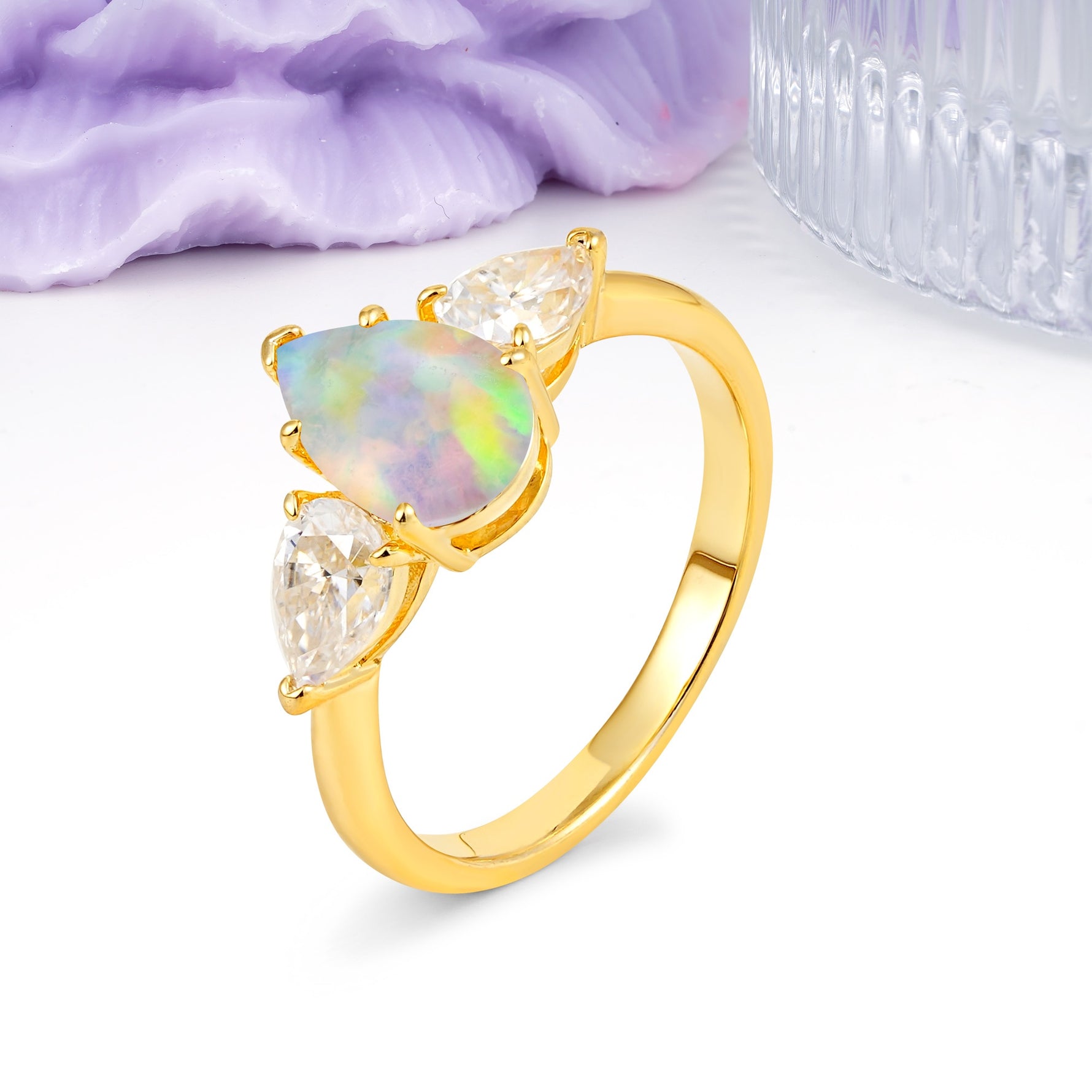 Classic, Luxurious 5-Prong Pear Cut Fire Opal Three-Stone Wedding Ring - Additional view