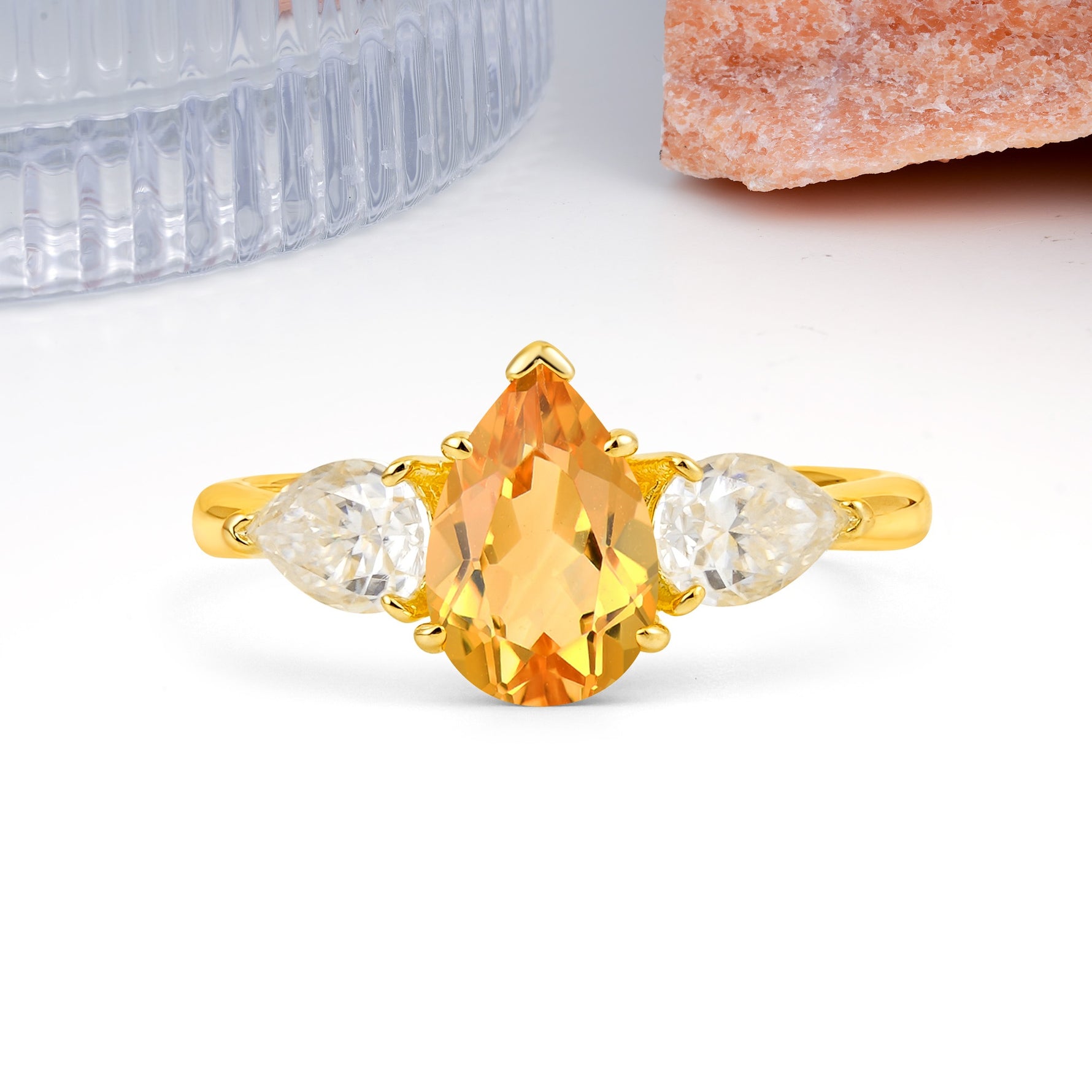 Classic, Luxurious 5-Prong Pear Cut Citrine Three-Stone Wedding Ring - Additional view