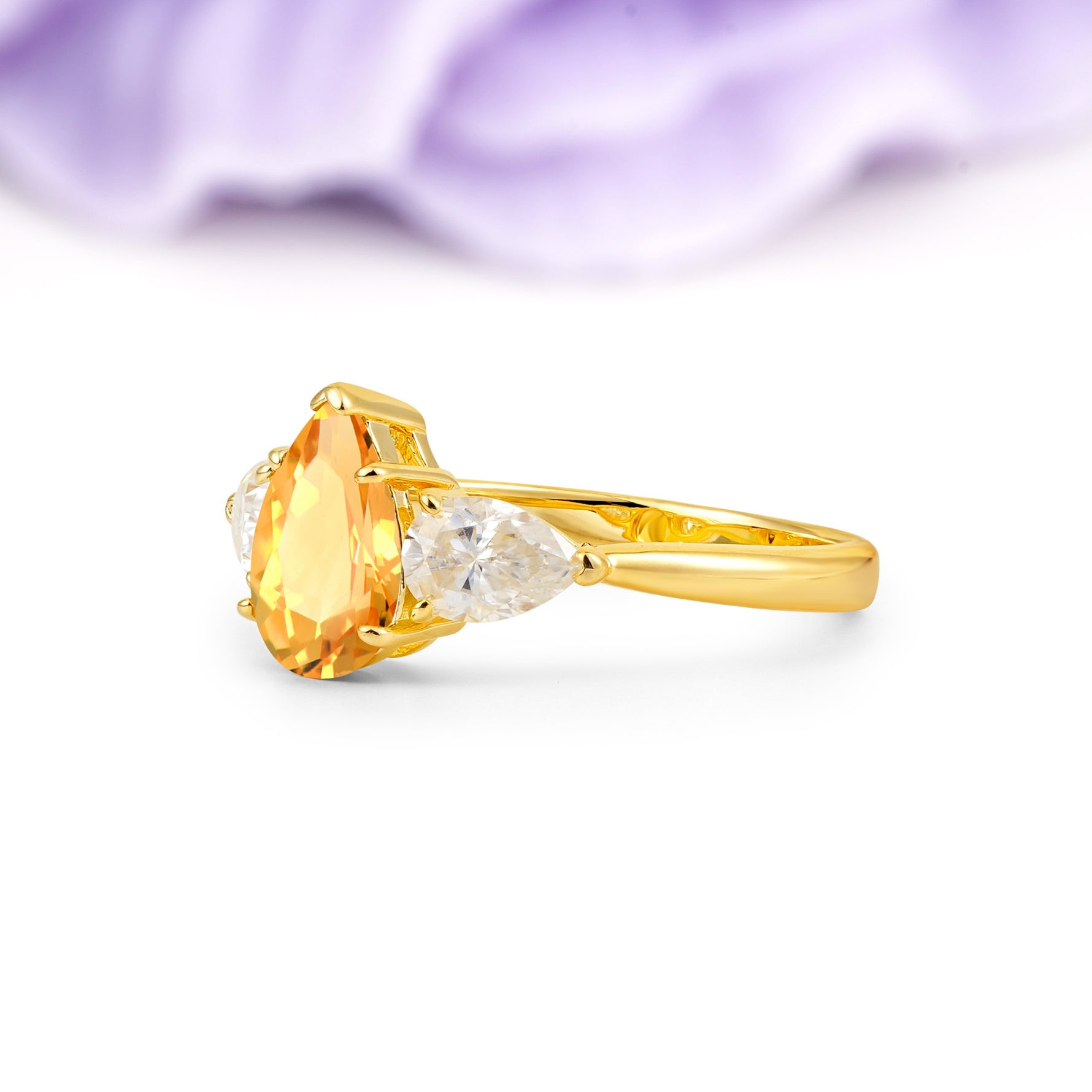 Classic, Luxurious 5-Prong Pear Cut Citrine Three-Stone Wedding Ring - Additional view