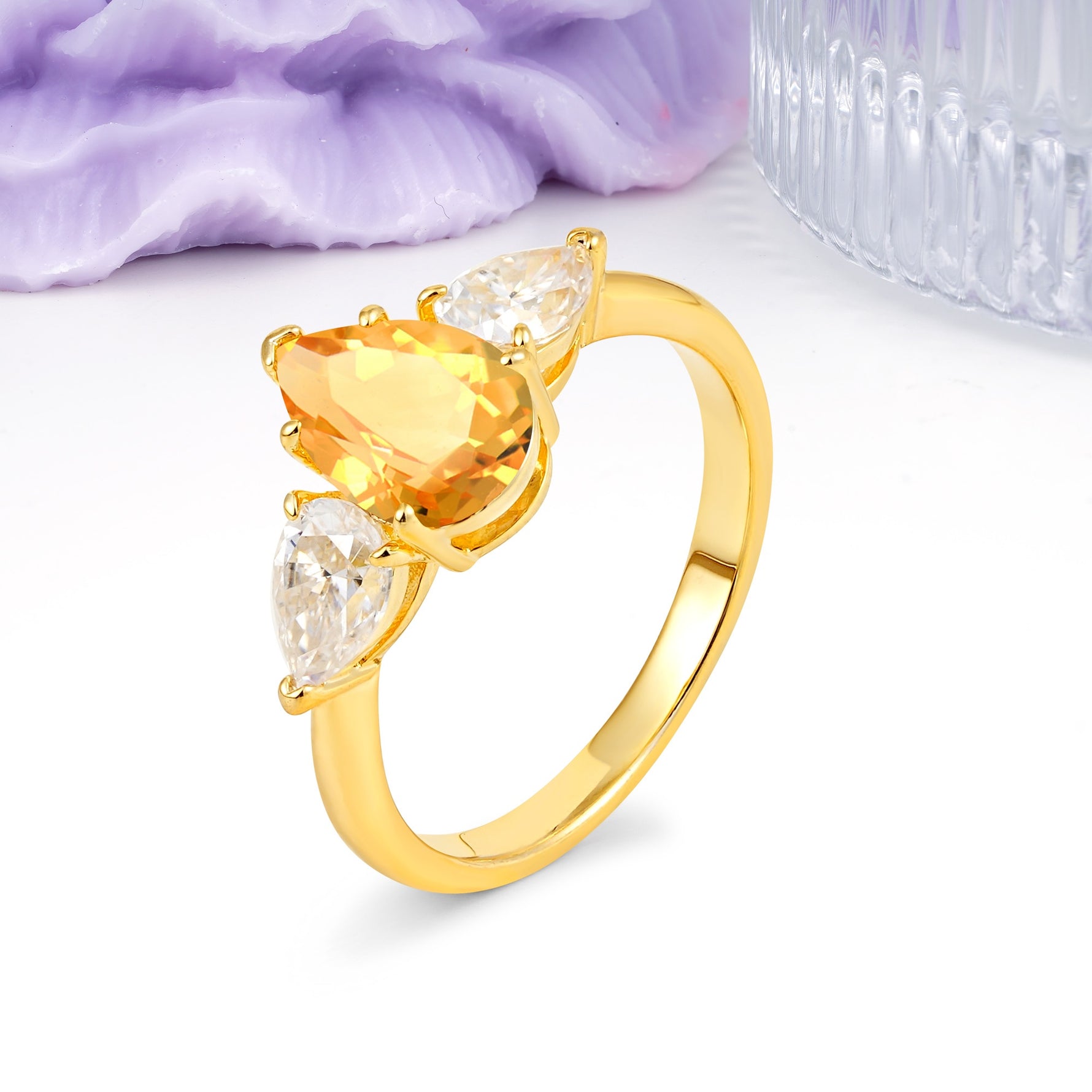Classic, Luxurious 5-Prong Pear Cut Citrine Three-Stone Wedding Ring - Additional view