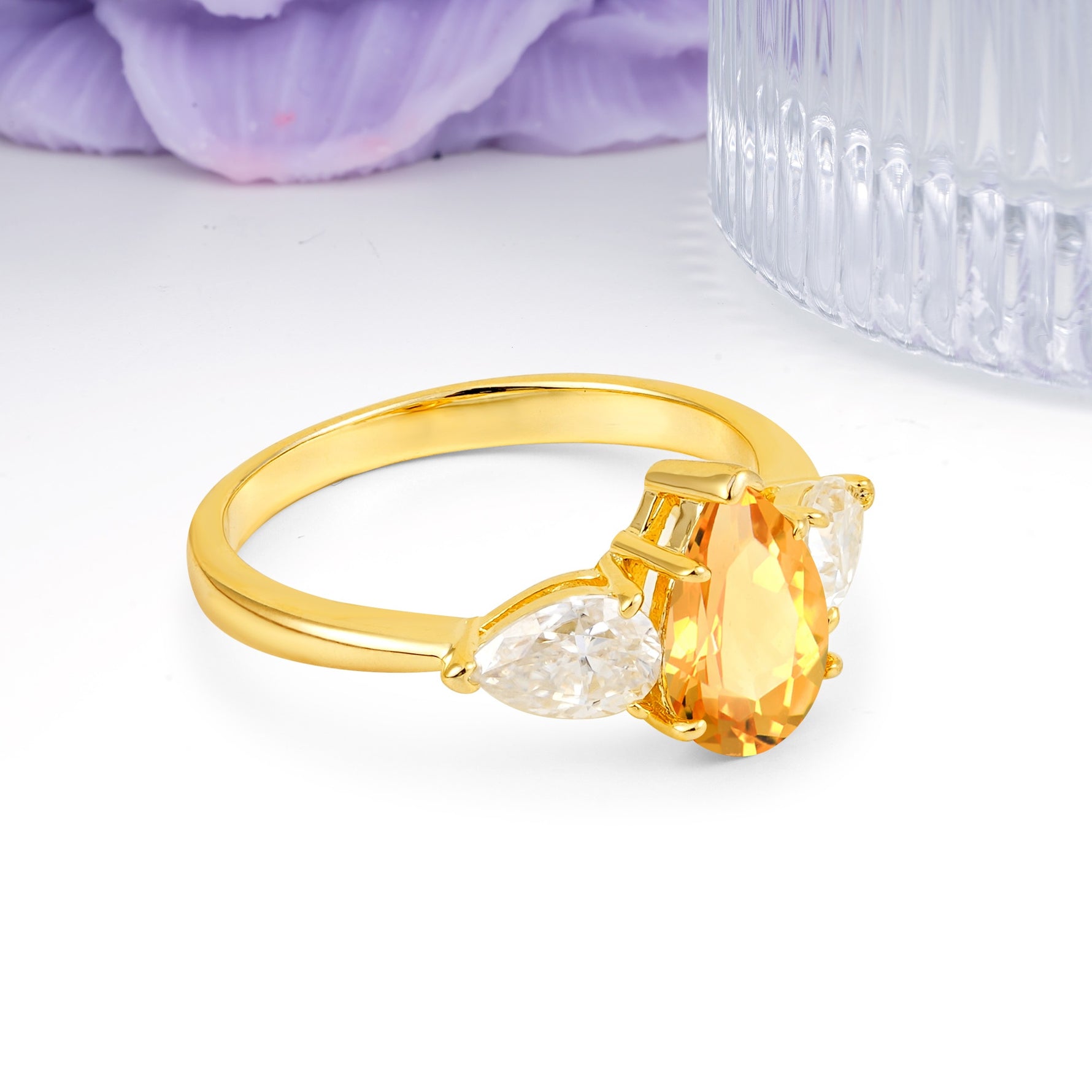 Classic, Luxurious 5-Prong Pear Cut Citrine Three-Stone Wedding Ring - Additional view