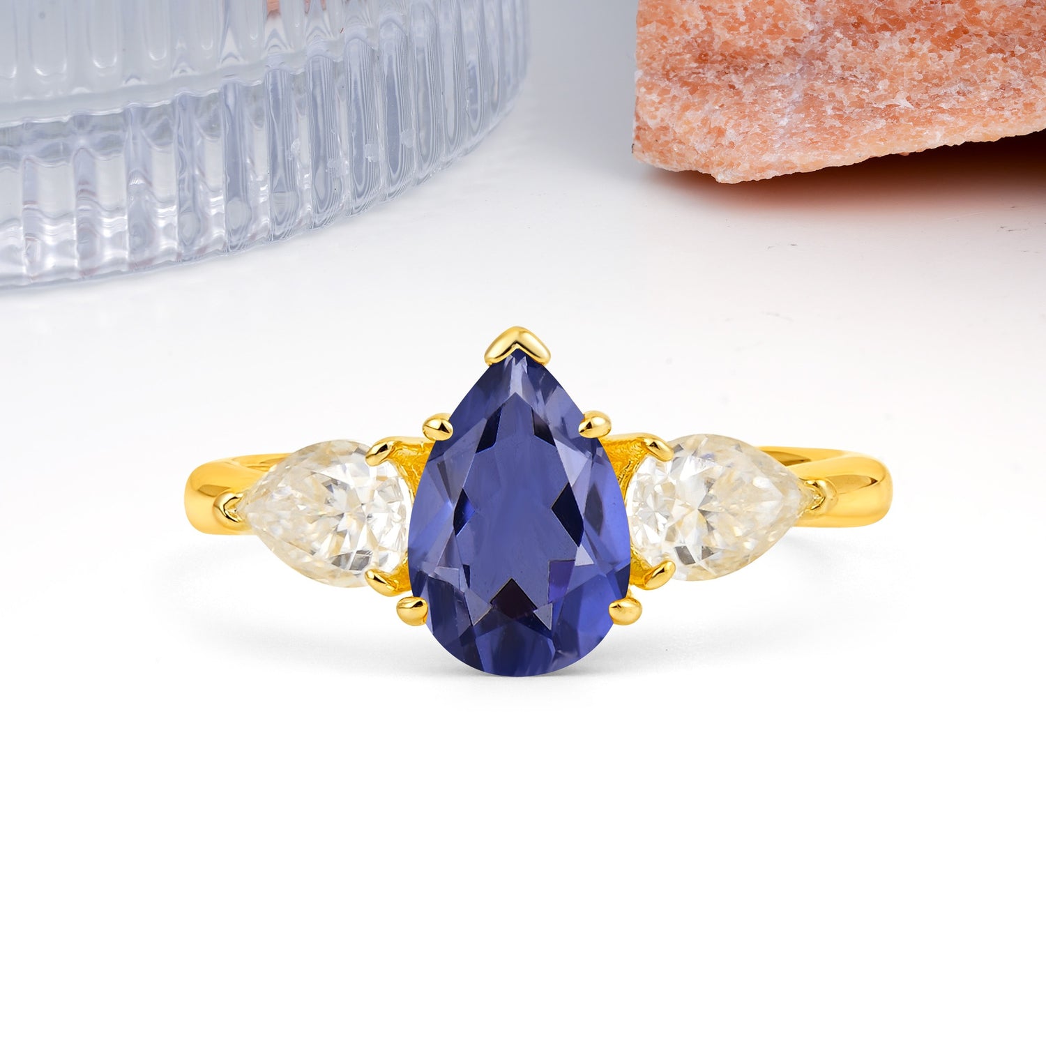 Classic, Luxurious 5-Prong Pear Cut Tanzanite Three-Stone Wedding Ring - Additional view