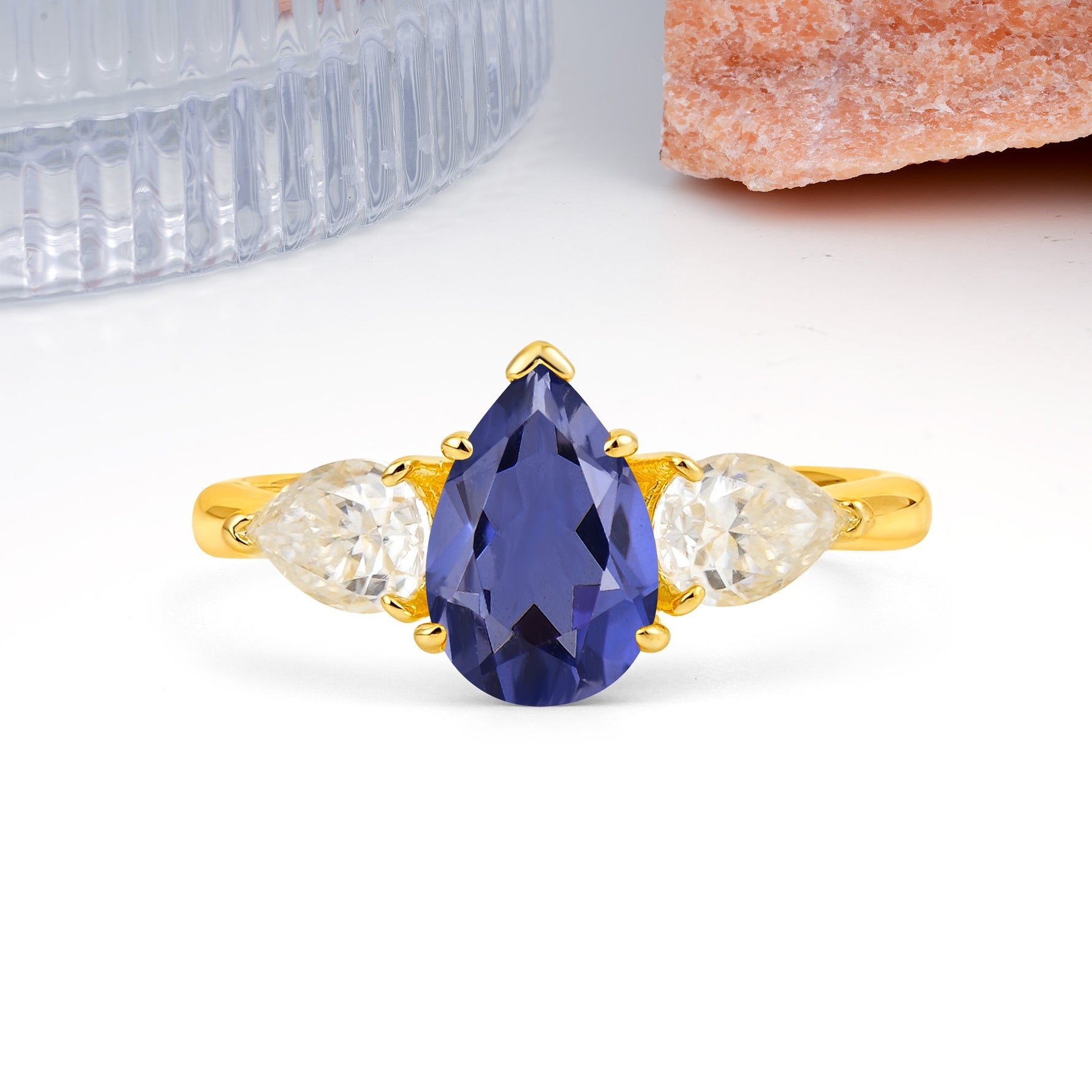 Classic, Luxurious 5-Prong Pear Cut Tanzanite Three-Stone Wedding Ring - Additional view