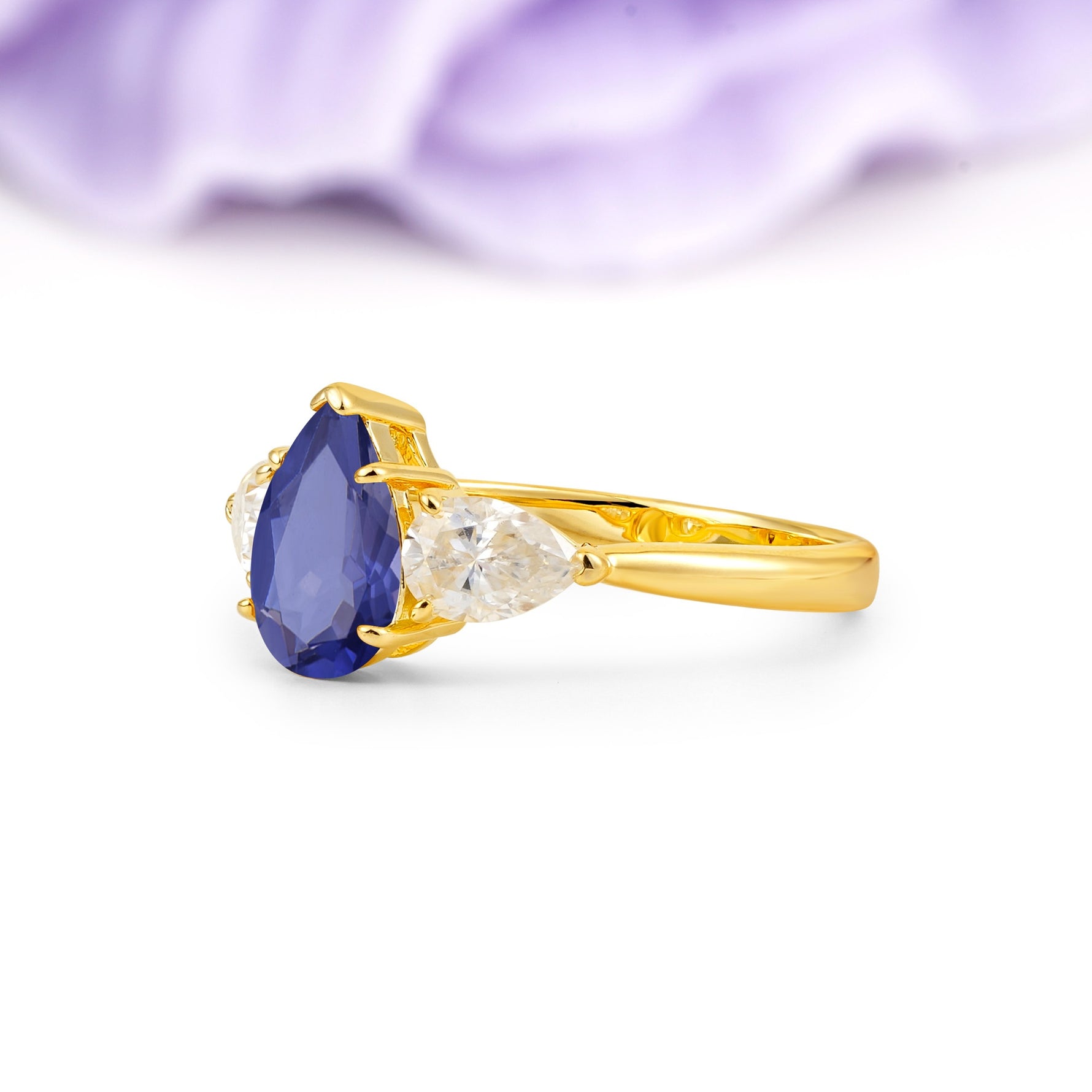 Classic, Luxurious 5-Prong Pear Cut Tanzanite Three-Stone Wedding Ring - Additional view