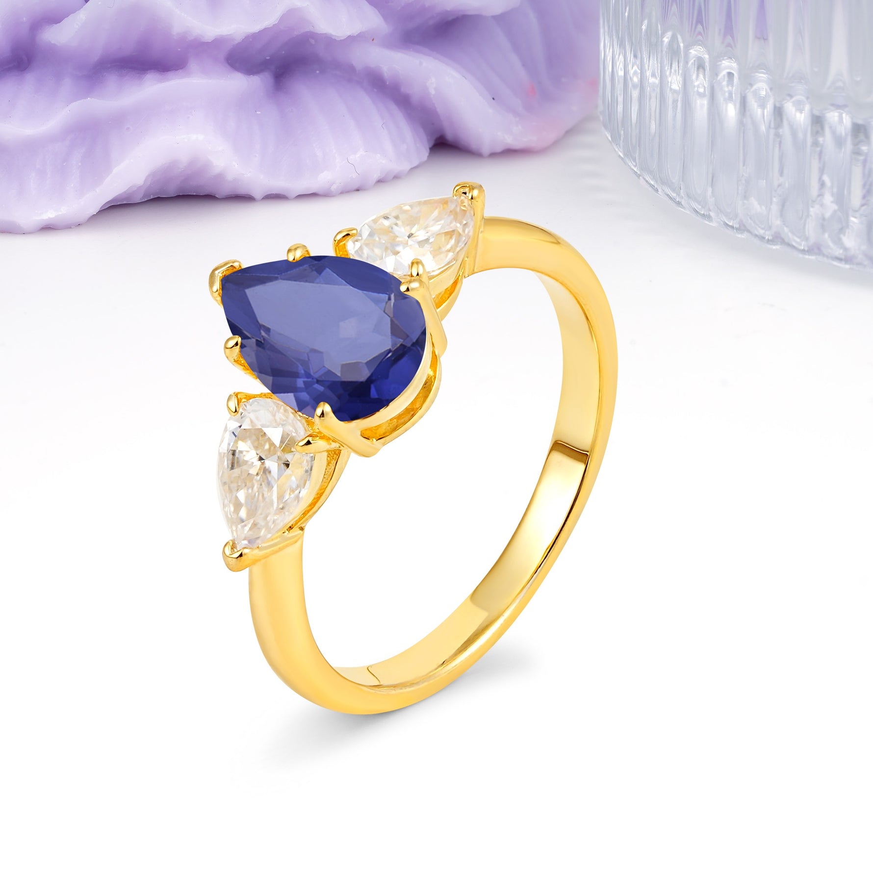 Classic, Luxurious 5-Prong Pear Cut Tanzanite Three-Stone Wedding Ring - Additional view
