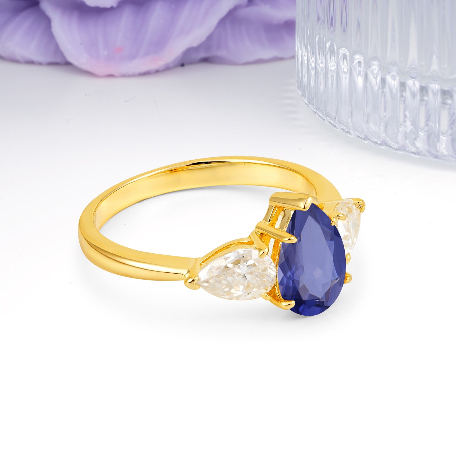 Classic, Luxurious 5-Prong Pear Cut Tanzanite Three-Stone Wedding Ring - Additional view