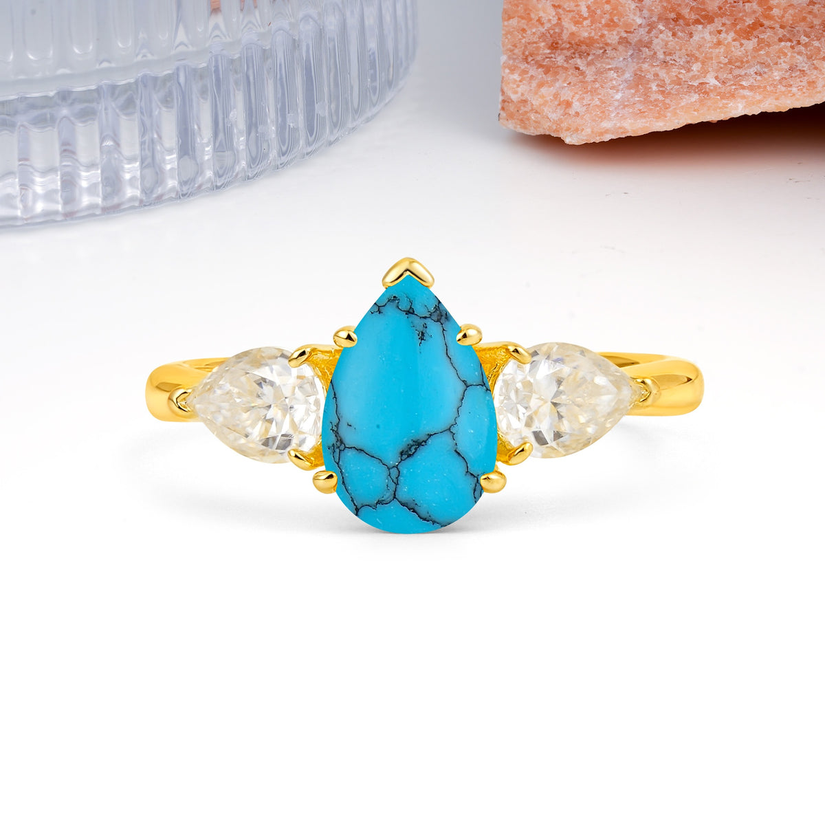 Classic, Luxurious 5-Prong Pear Cut Turquoise Three-Stone Wedding Ring - Additional view