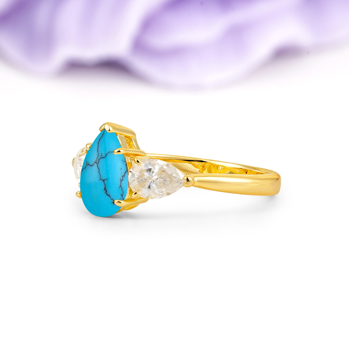 Classic, Luxurious 5-Prong Pear Cut Turquoise Three-Stone Wedding Ring - Additional view