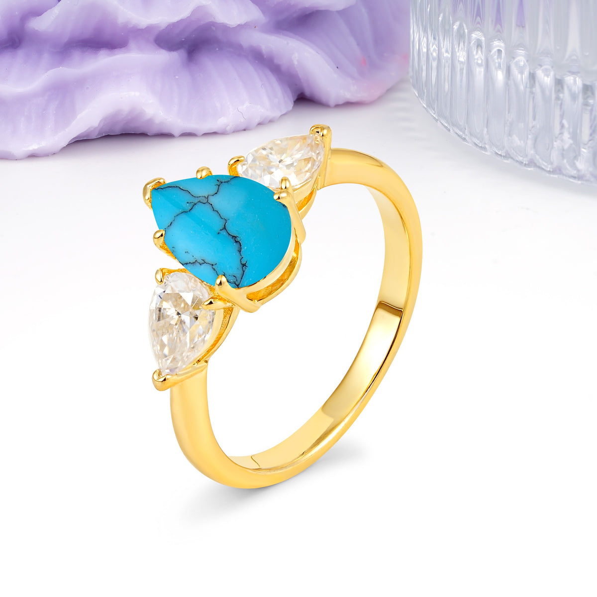 Classic, Luxurious 5-Prong Pear Cut Turquoise Three-Stone Wedding Ring - Additional view