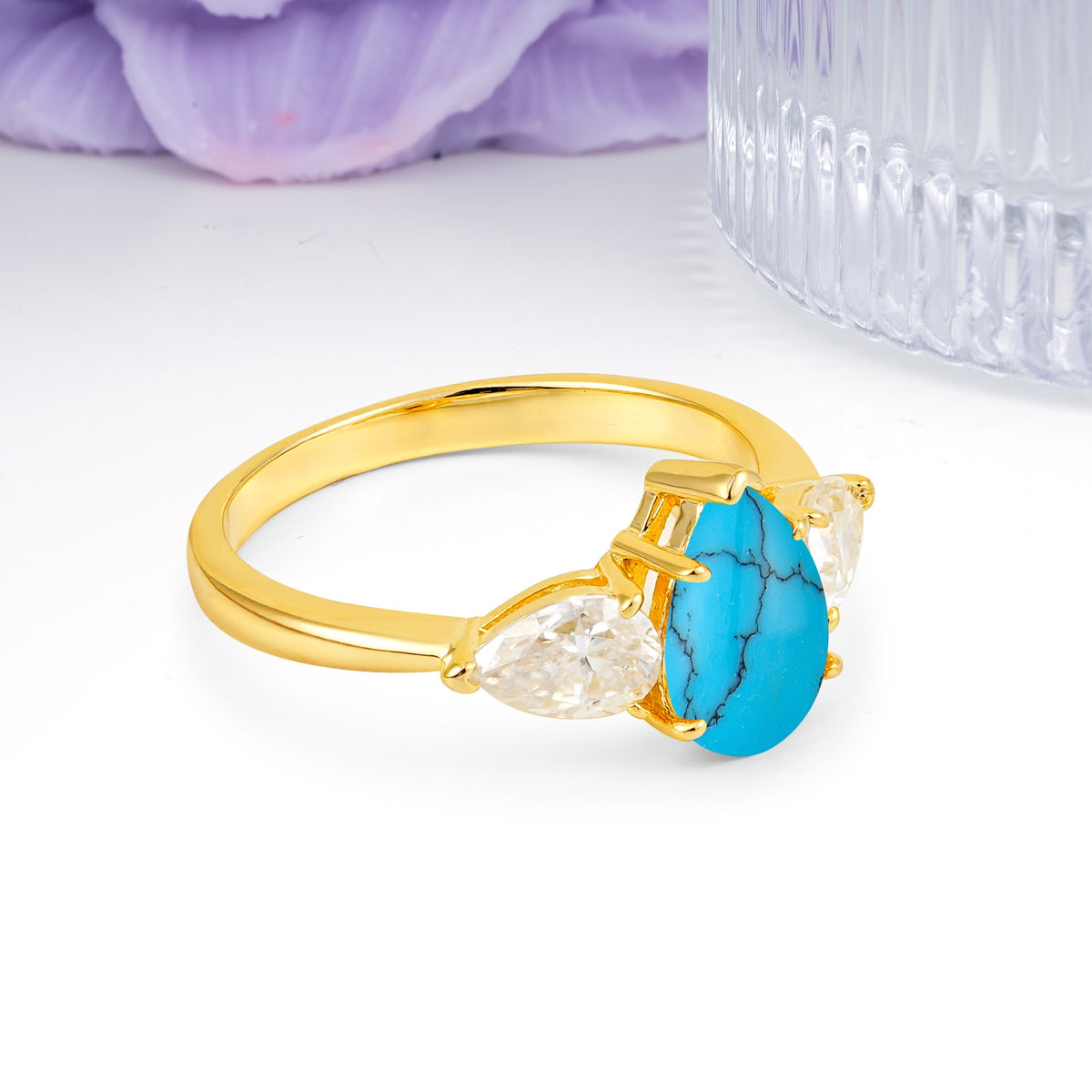 Classic, Luxurious 5-Prong Pear Cut Turquoise Three-Stone Wedding Ring - Additional view