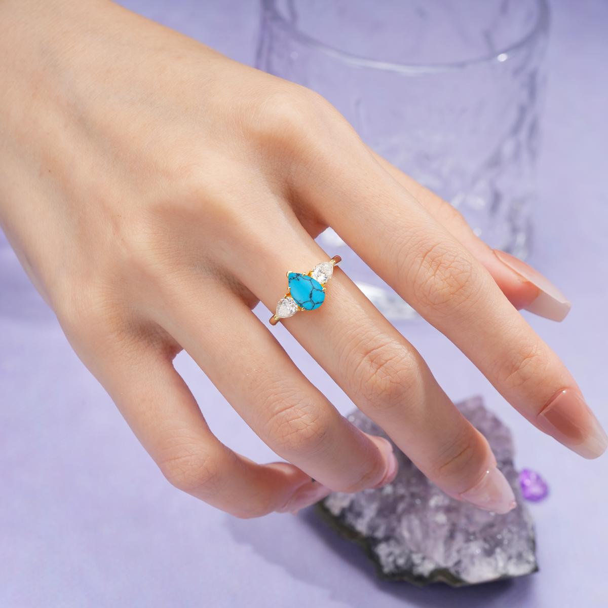 Classic, Luxurious 5-Prong Pear Cut Turquoise Three-Stone Wedding Ring