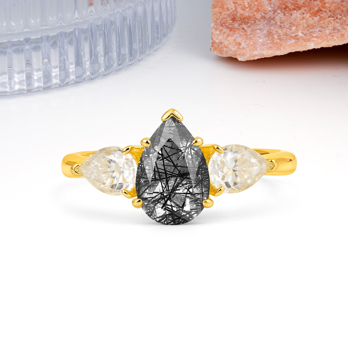 Classic, Luxurious 5-Prong Pear Cut Black Rutilated Quartz Three-Stone Wedding Ring - Additional view
