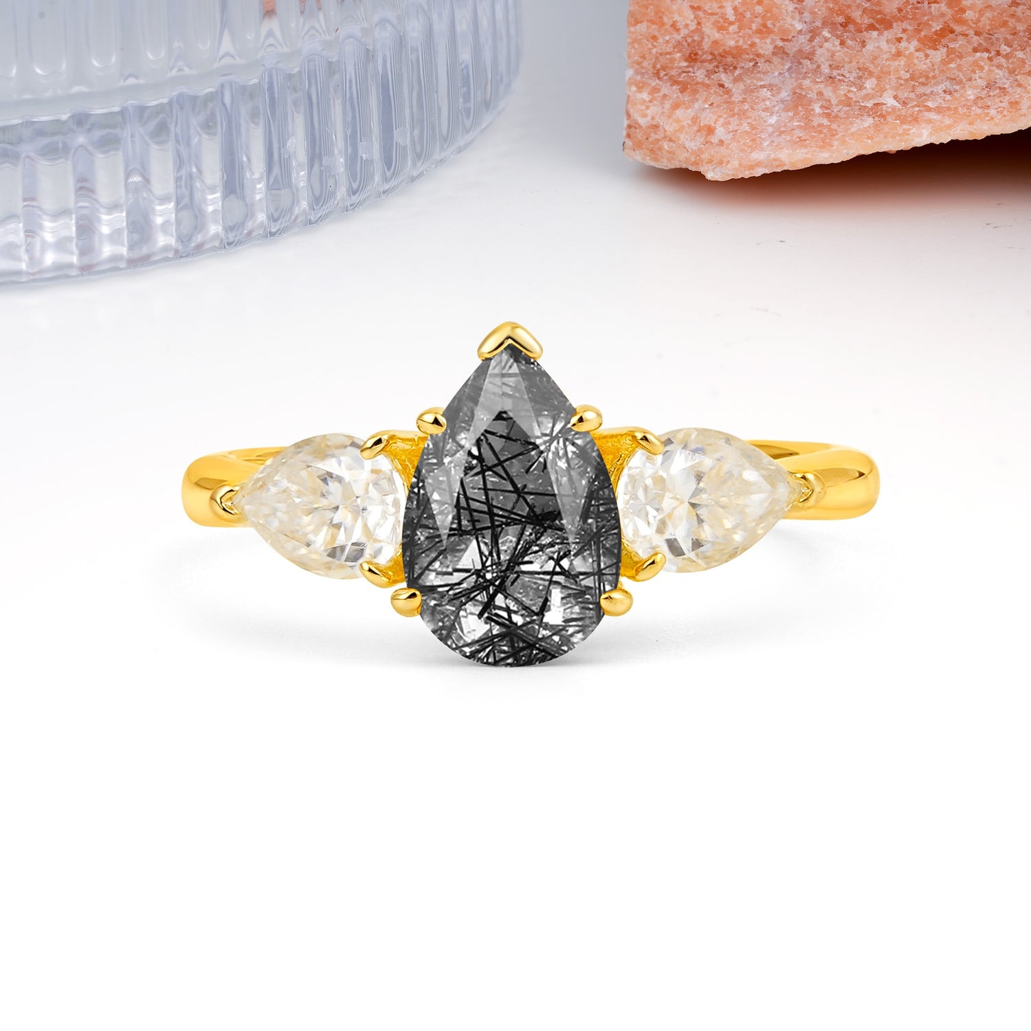 Classic, Luxurious 5-Prong Pear Cut Black Rutilated Quartz Three-Stone Wedding Ring - Additional view