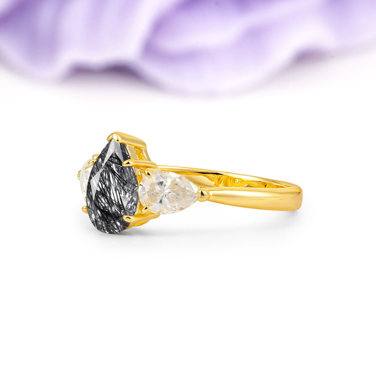 Classic, Luxurious 5-Prong Pear Cut Black Rutilated Quartz Three-Stone Wedding Ring - Additional view