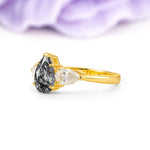 Classic, Luxurious 5-Prong Pear Cut Black Rutilated Quartz Three-Stone Wedding Ring - Additional view