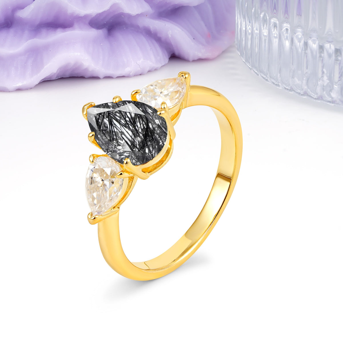 Classic, Luxurious 5-Prong Pear Cut Black Rutilated Quartz Three-Stone Wedding Ring - Additional view