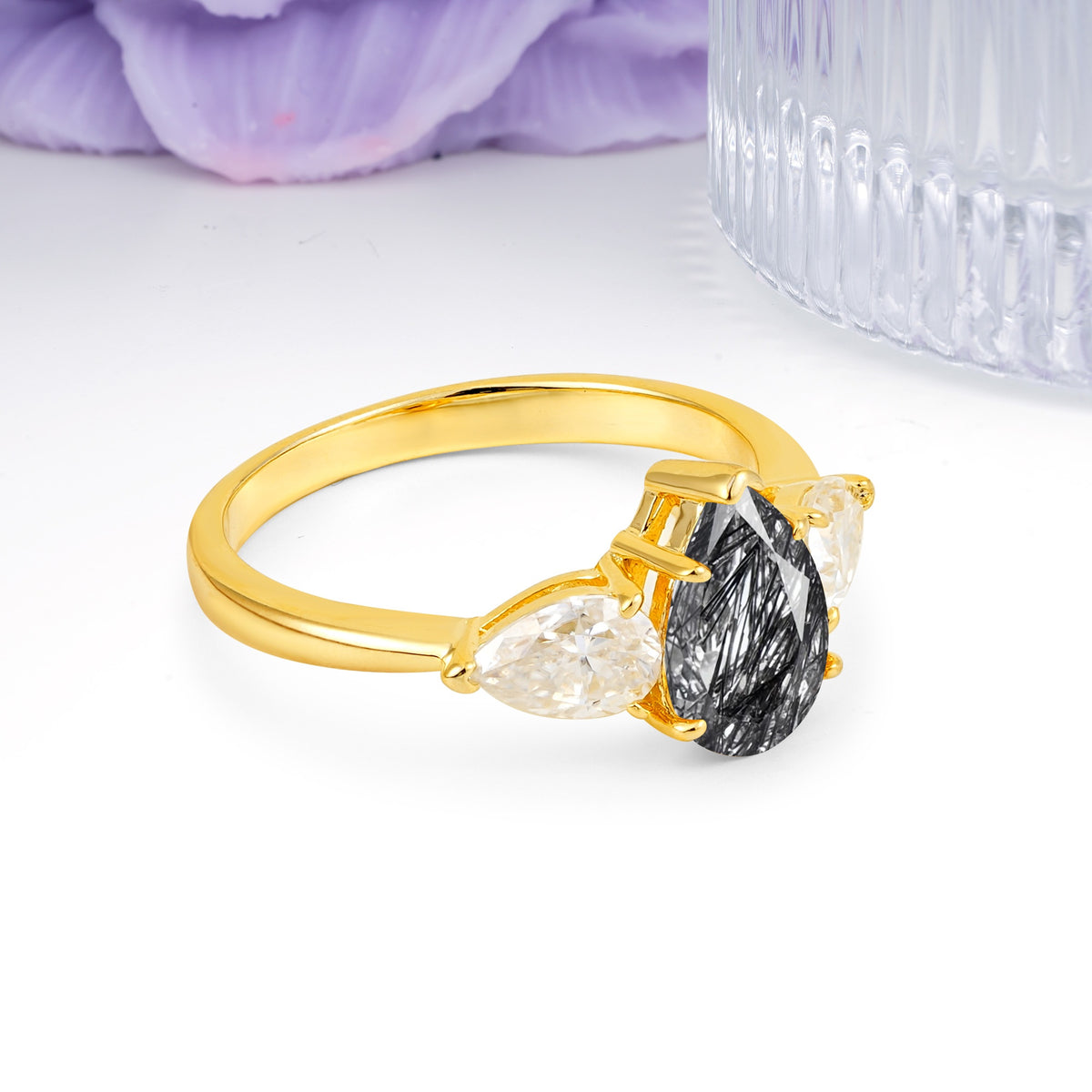 Classic, Luxurious 5-Prong Pear Cut Black Rutilated Quartz Three-Stone Wedding Ring - Additional view