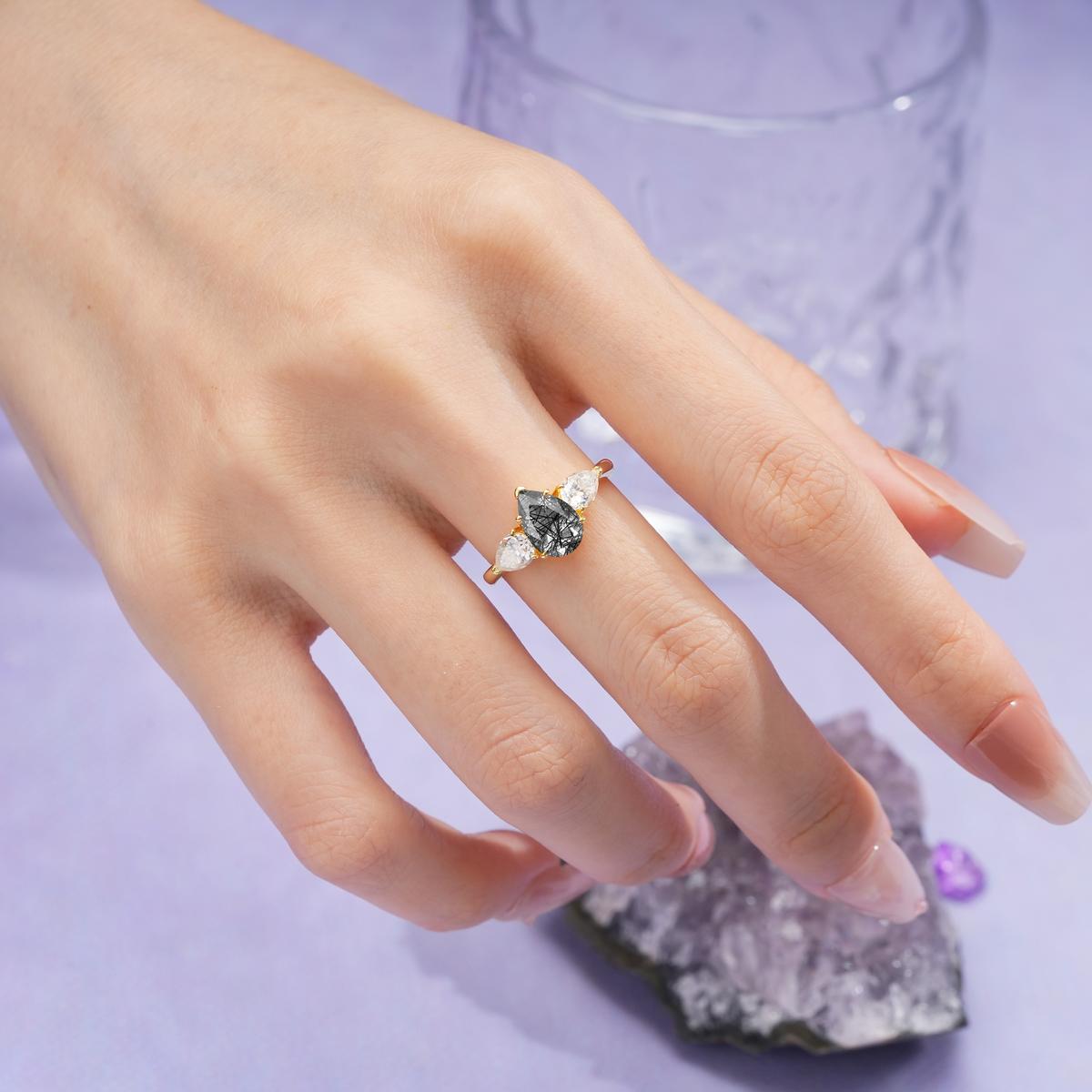 Classic, Luxurious 5-Prong Pear Cut Black Rutilated Quartz Three-Stone Wedding Ring