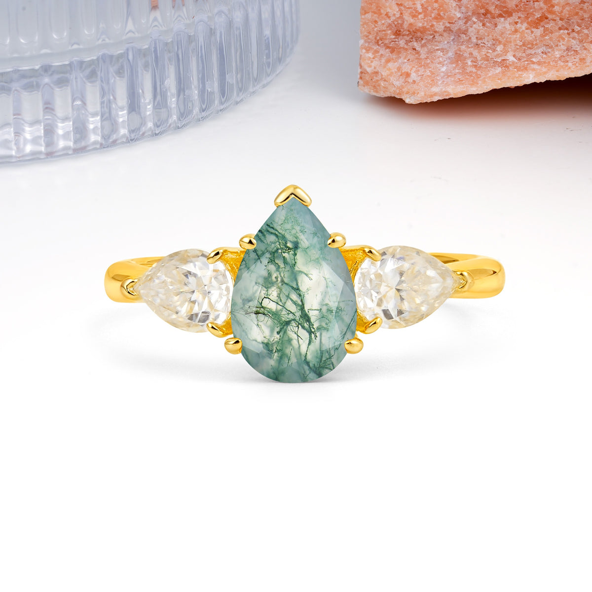 Classic, Luxurious 5-Prong Pear Cut Moss Agate Three-Stone Wedding Ring - Additional view